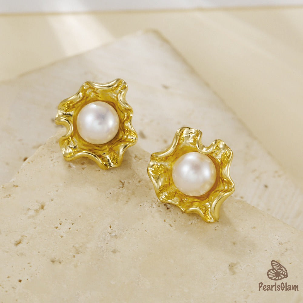 Bloomcore – Gold Petal Pearl Studs