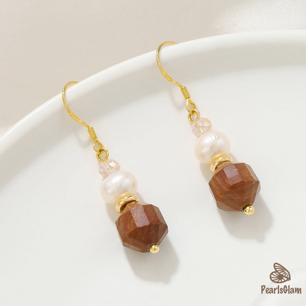 Amber Earth – Pearl & Faceted Brown Agate Earrings