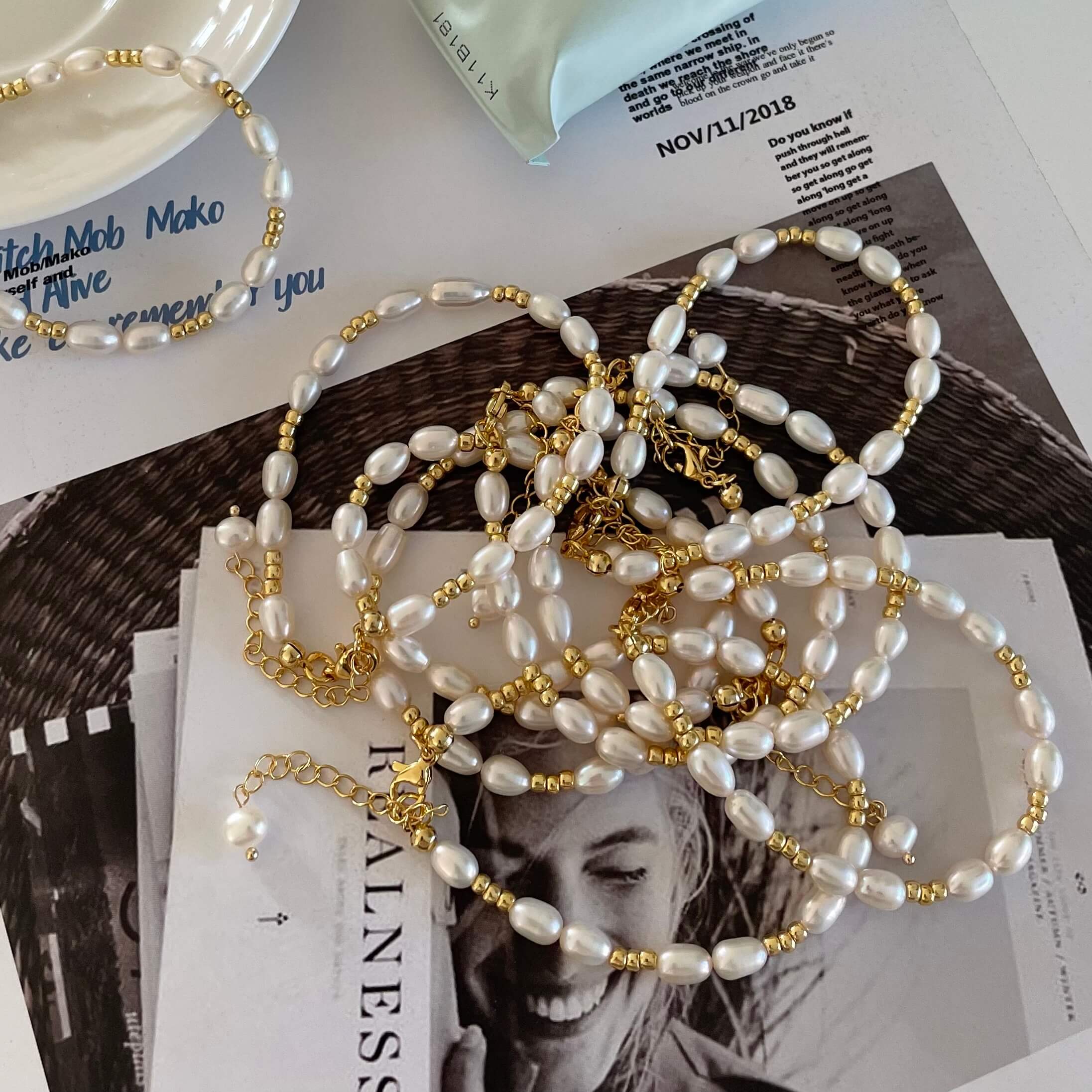 14K Gold Freshwater Pearl and Gold Bead Bracelet