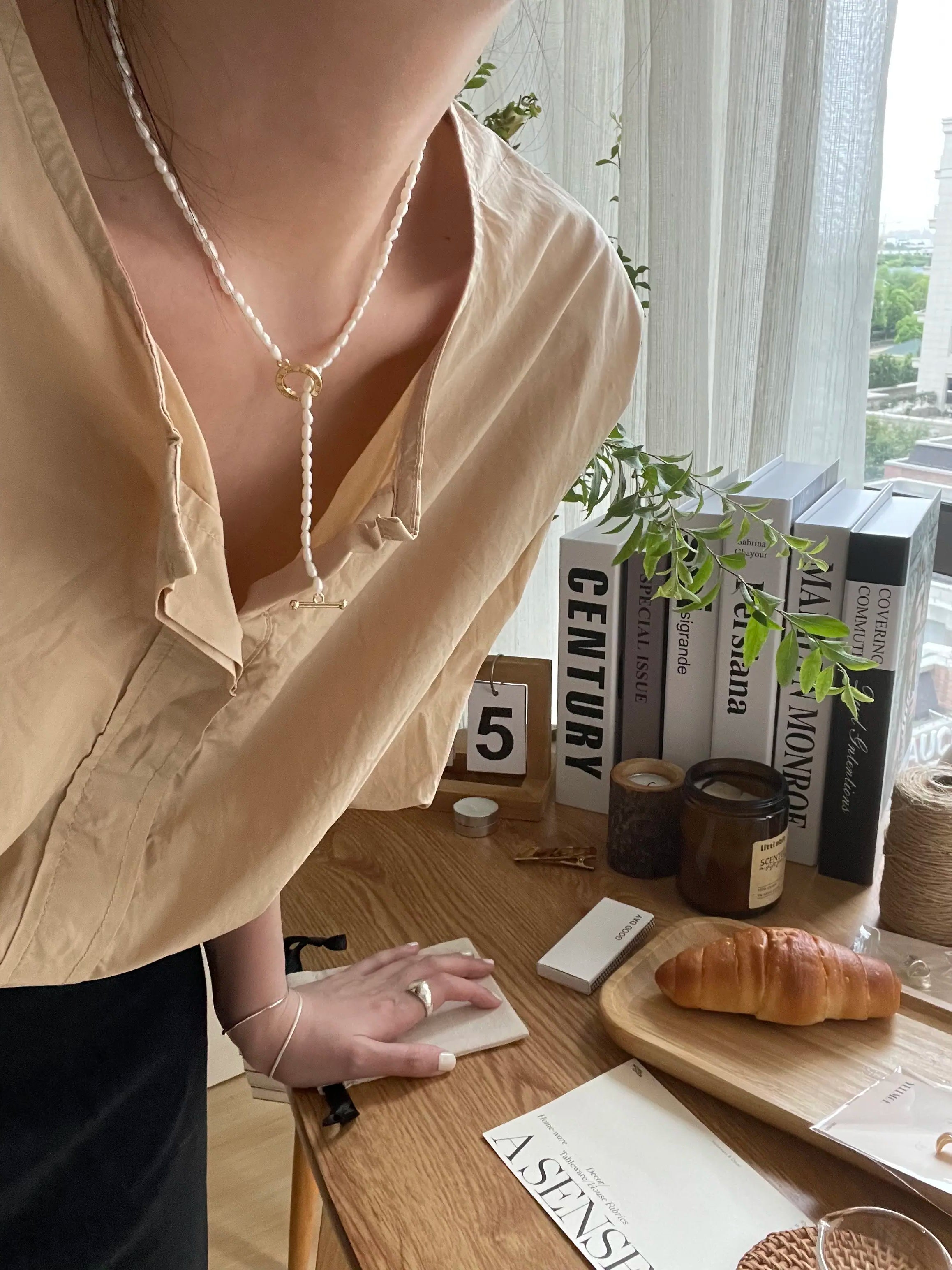 Natural Rice Pearl Necklace with OT Clasp