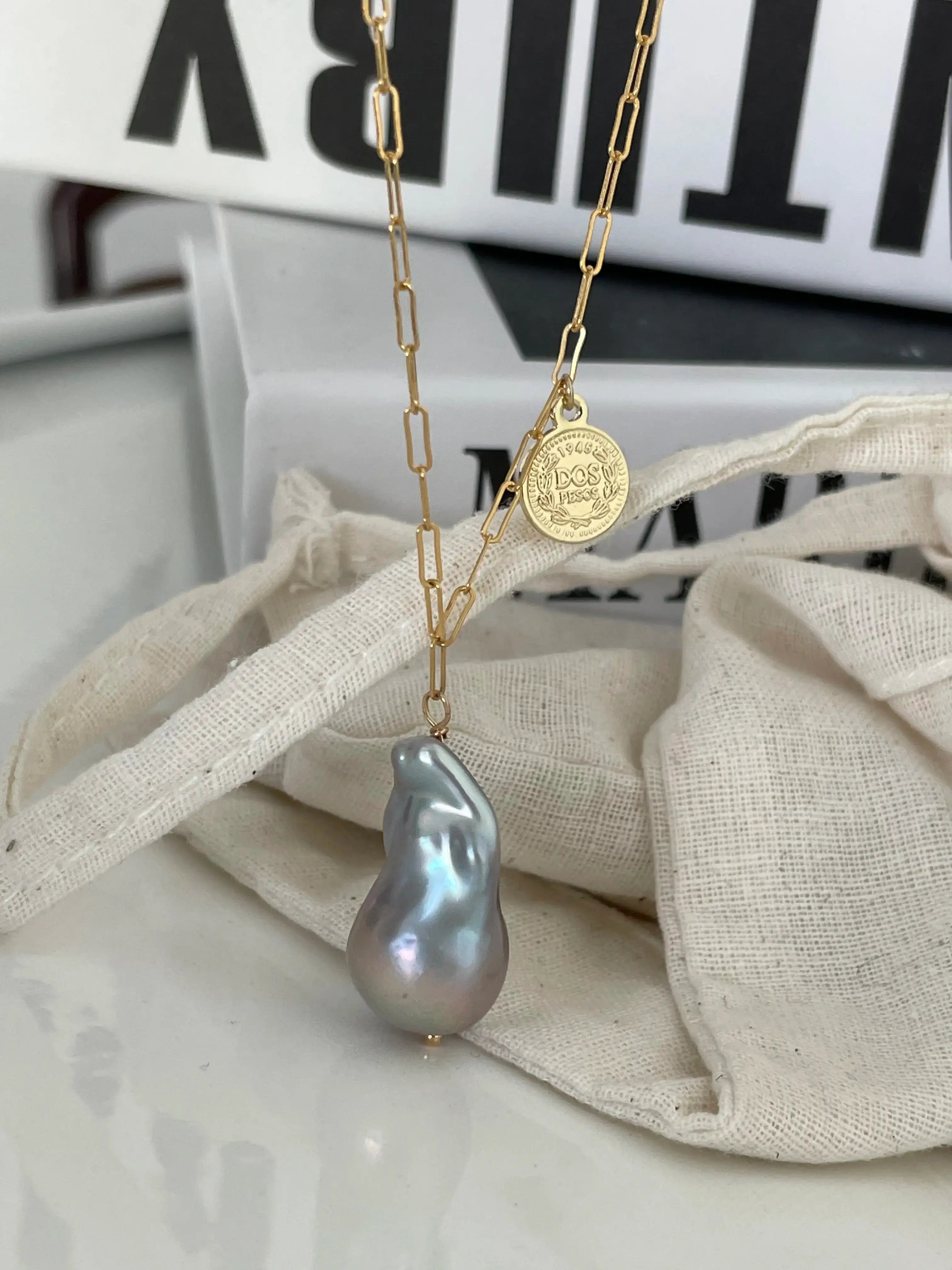 14K Gold Grey Baroque Pearl Pendant Necklace