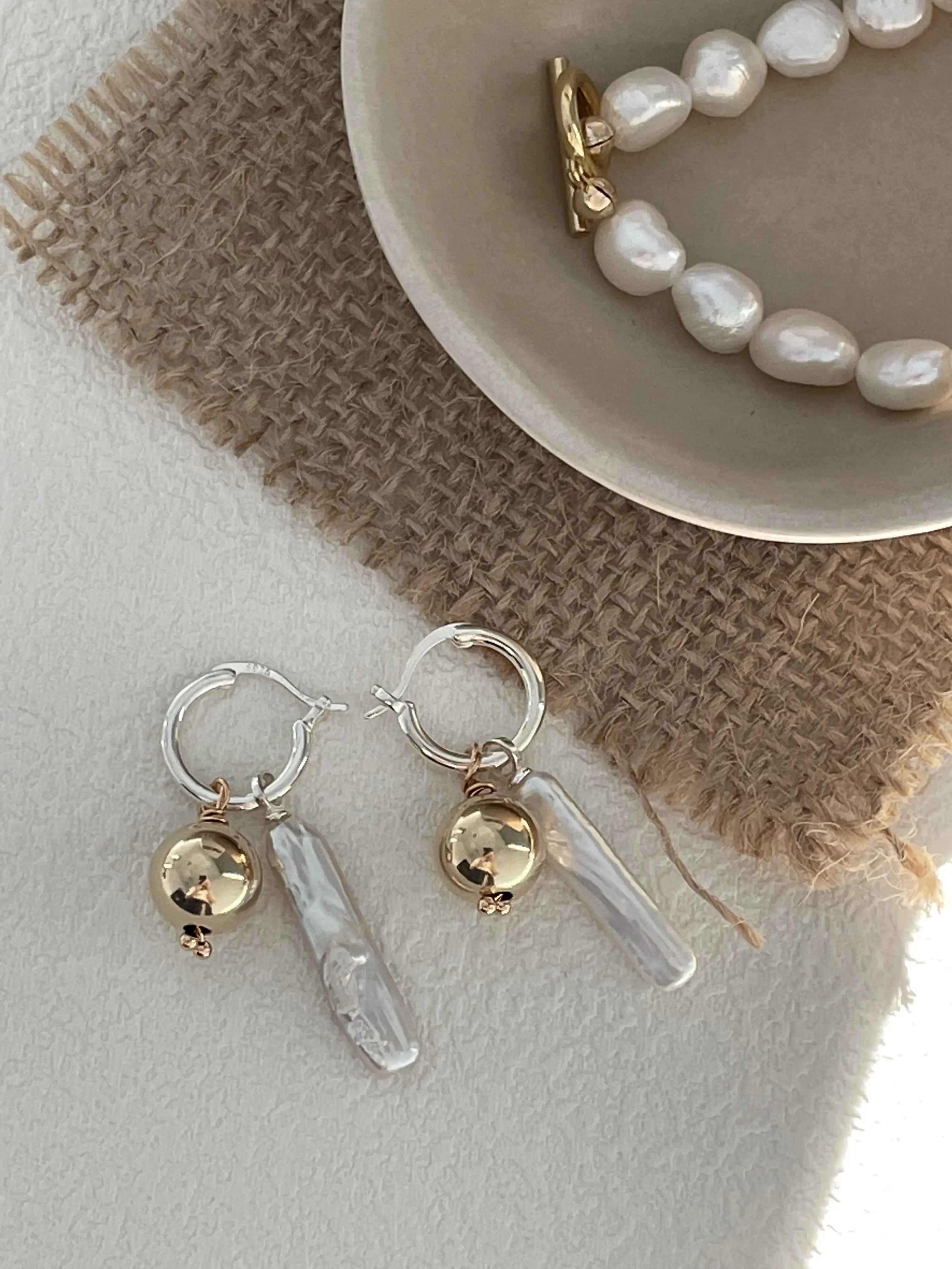 Golden Sphere Baroque Freshwater Pearl Dangle Earrings