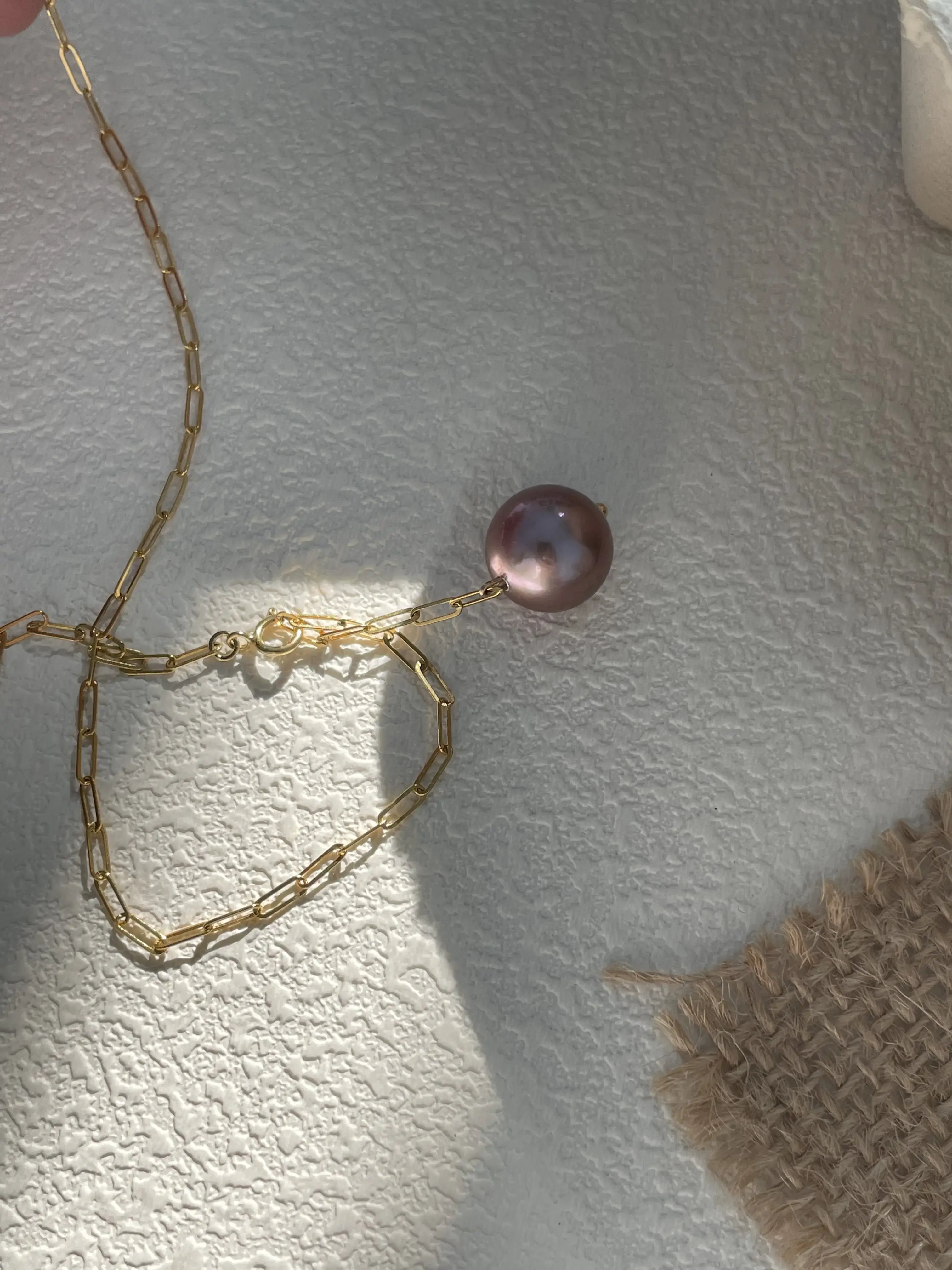 14K Gold Natural Purple Edison Pearl Pendant Necklace