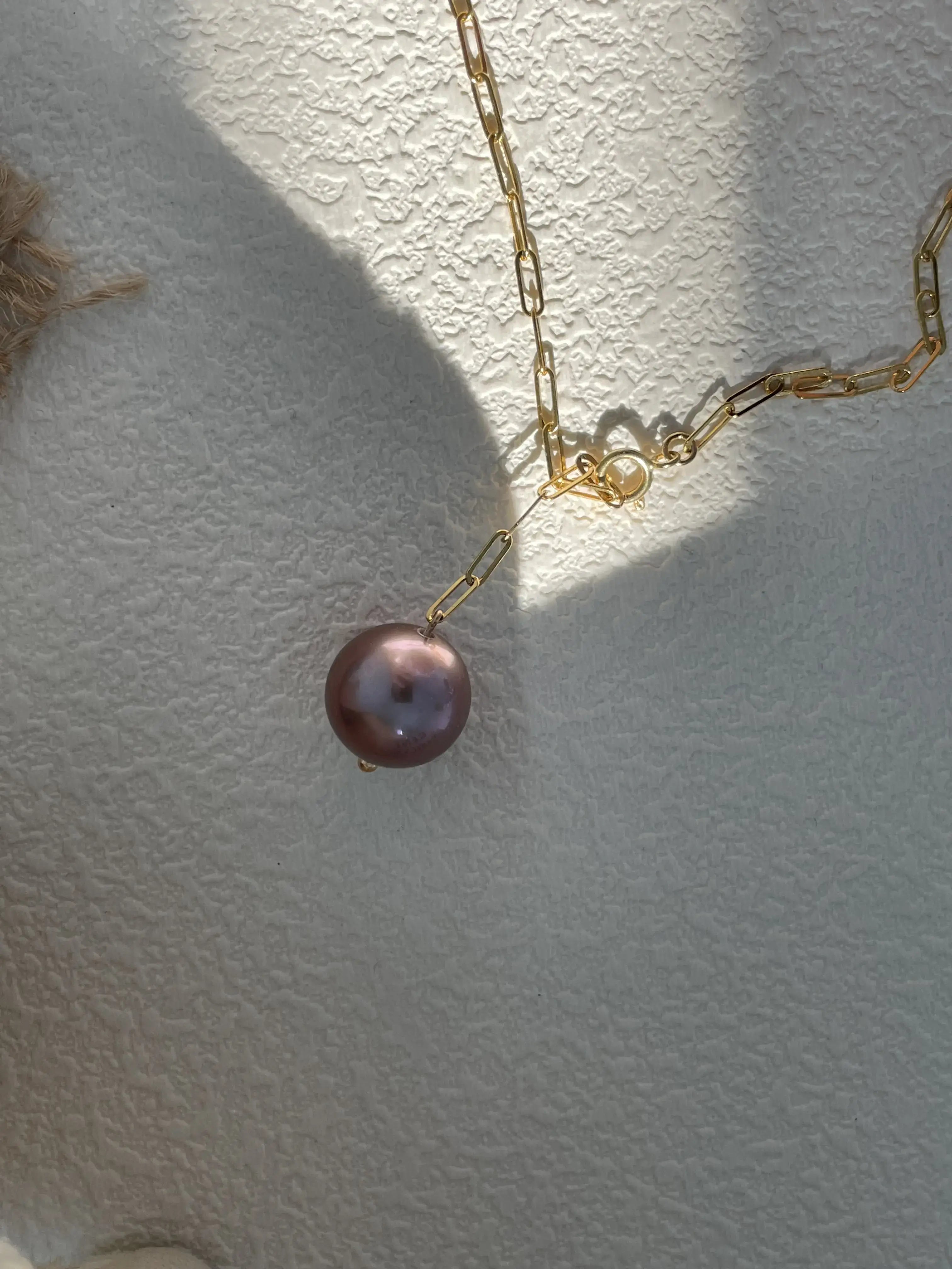 14K Gold Natural Purple Edison Pearl Pendant Necklace