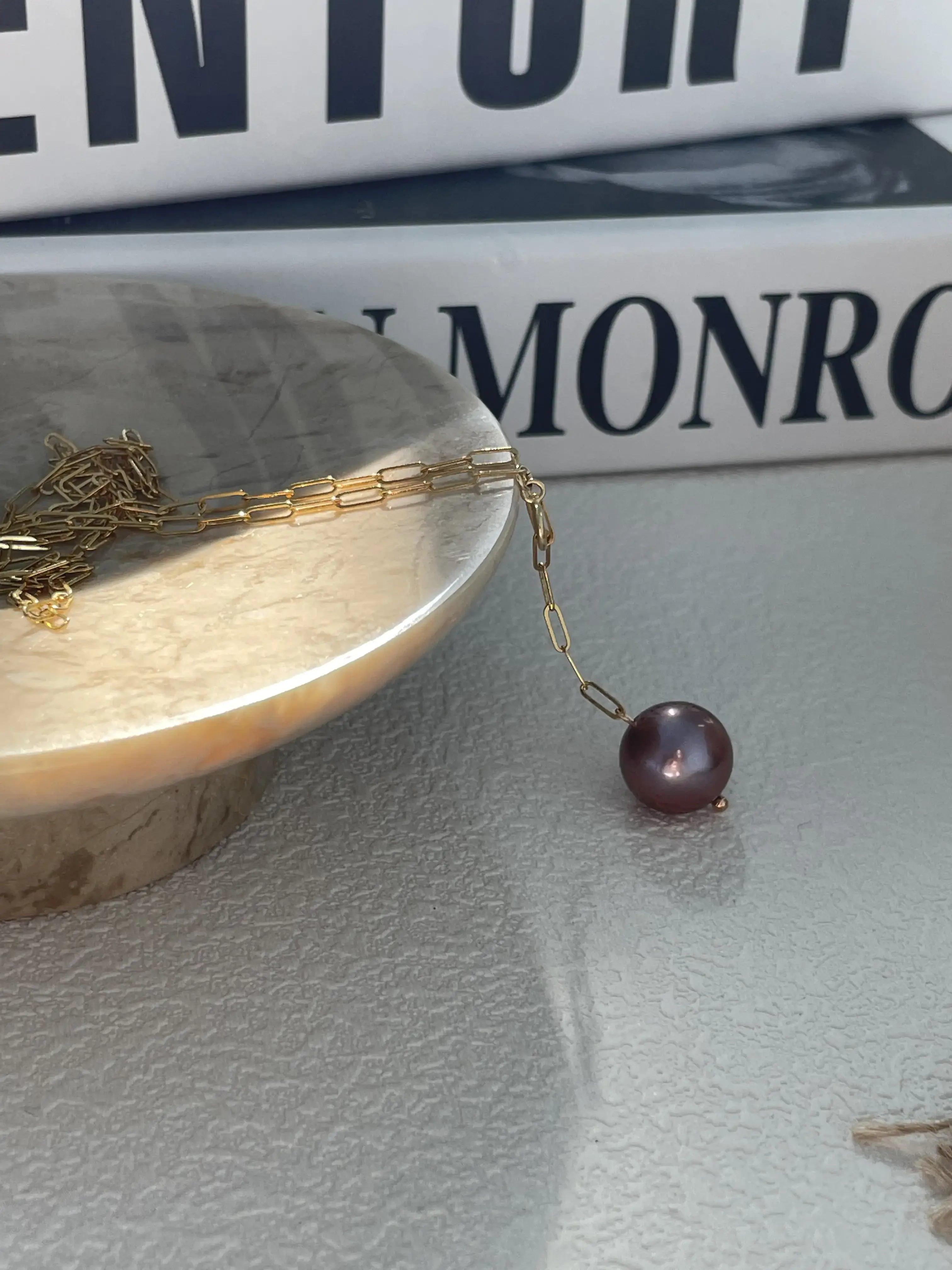 14K Gold Natural Purple Edison Pearl Pendant Necklace
