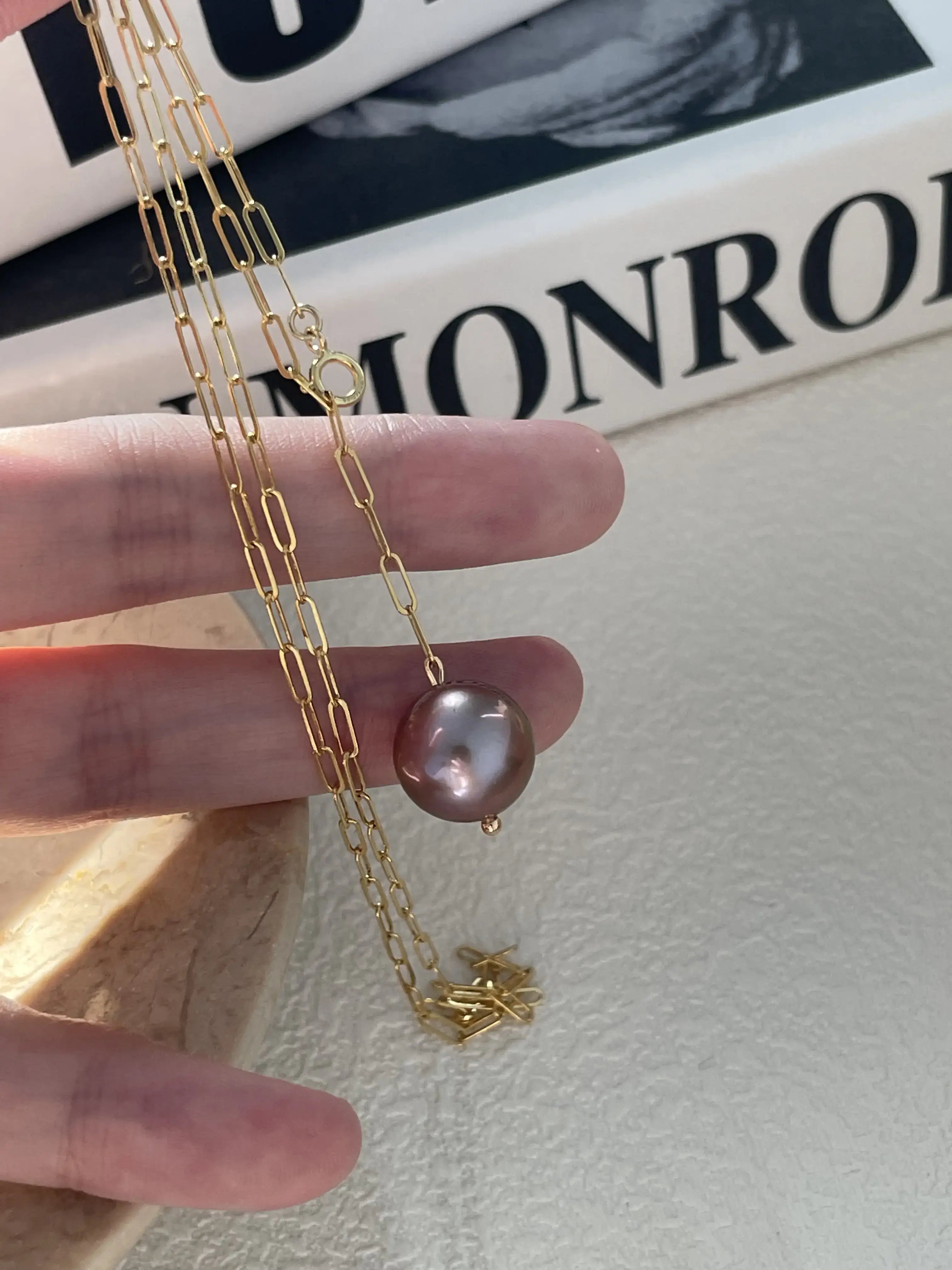 14K Gold Natural Purple Edison Pearl Pendant Necklace