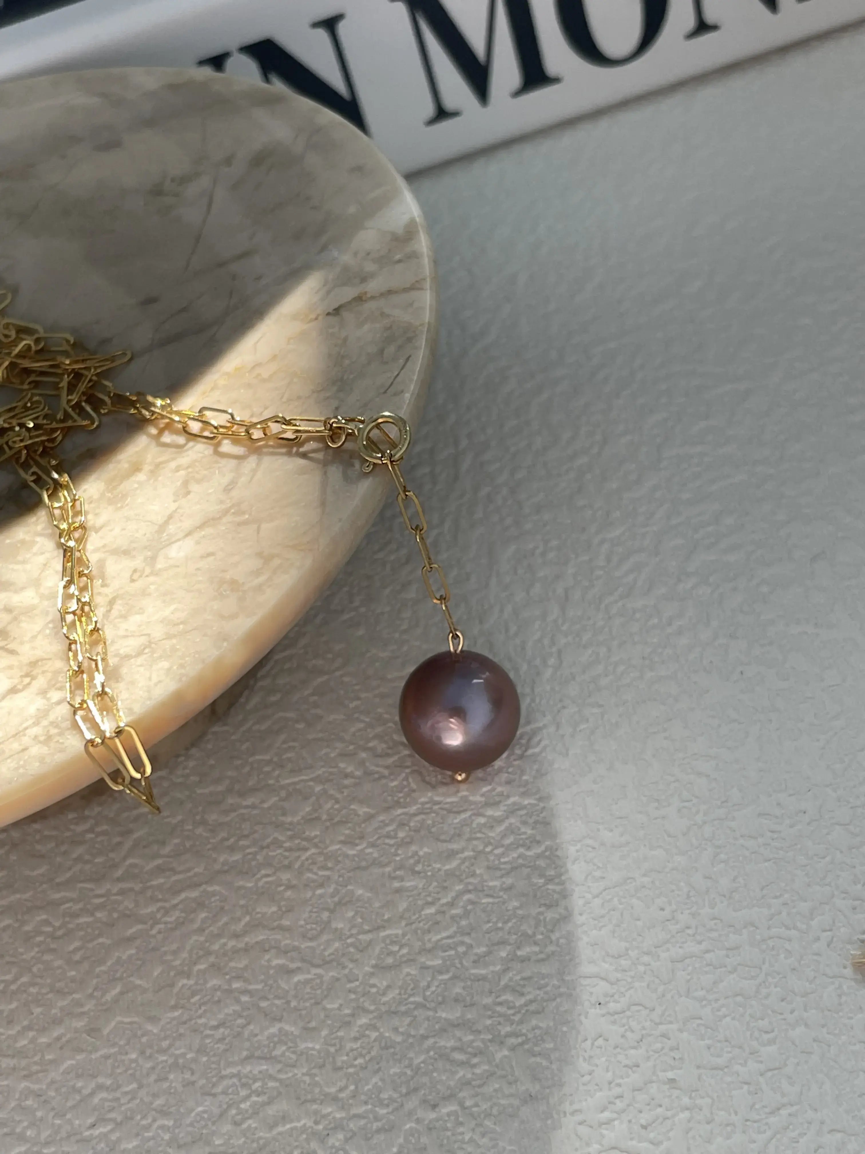 14K Gold Natural Purple Edison Pearl Pendant Necklace