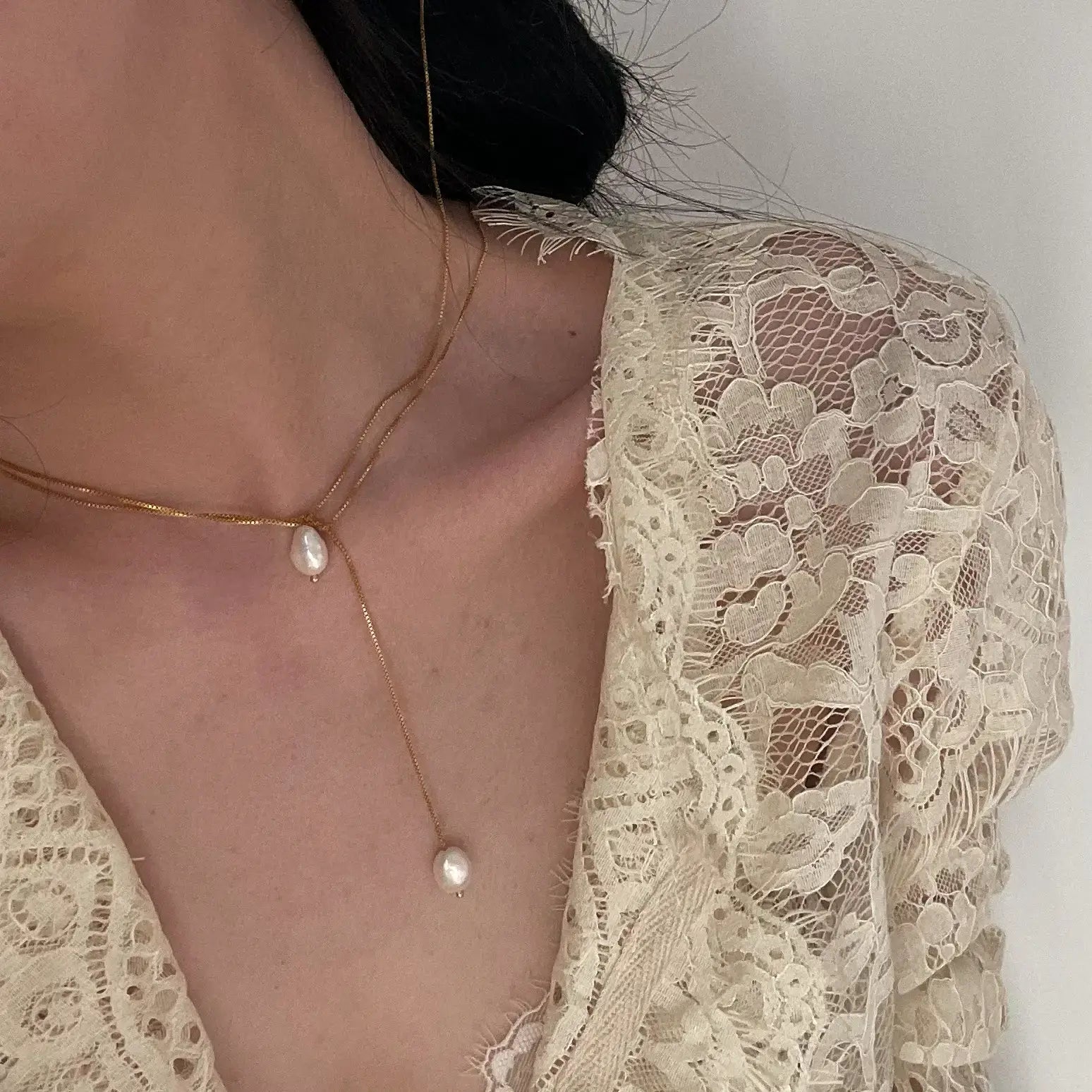 14K Gold Pearl Wrap Around And Tie Necklace