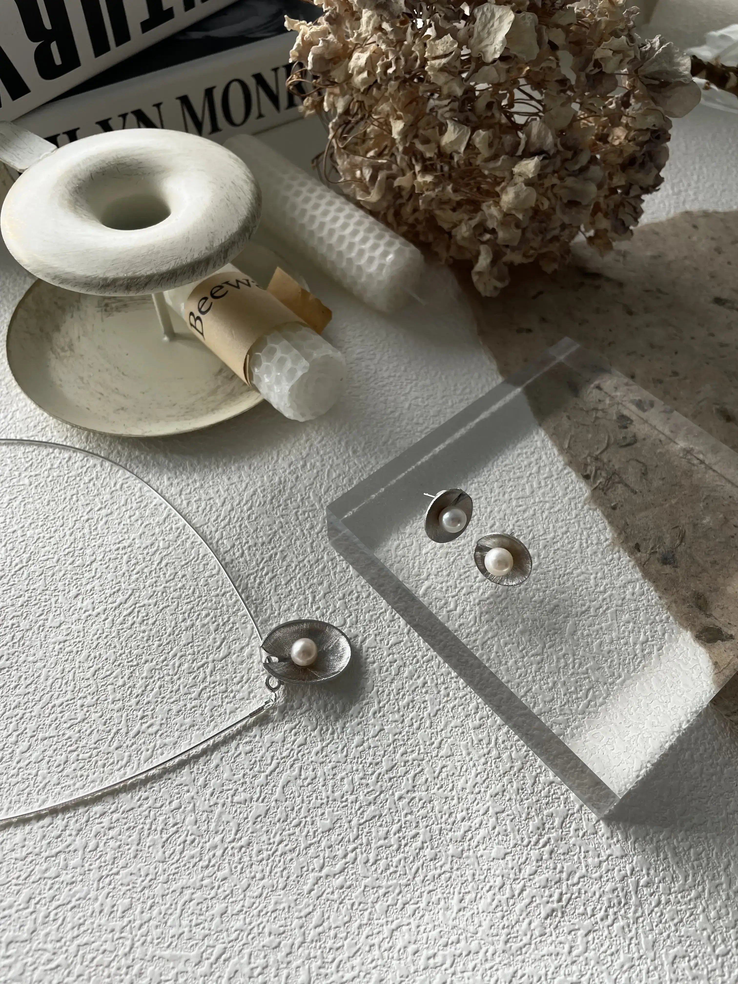 Silver Lotus Leaf Pearl Stud Earrings