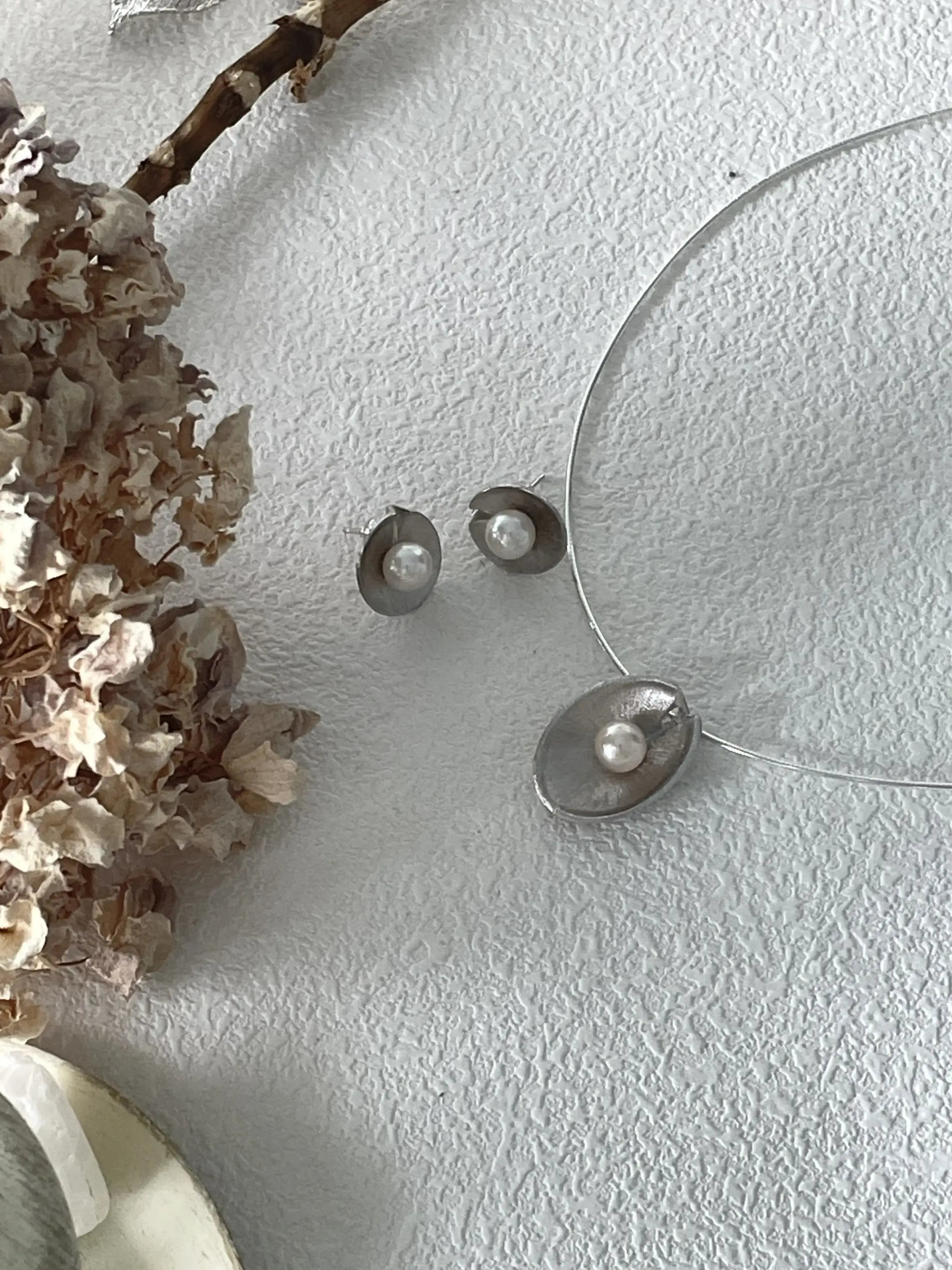 Silver Lotus Leaf Pearl Stud Earrings