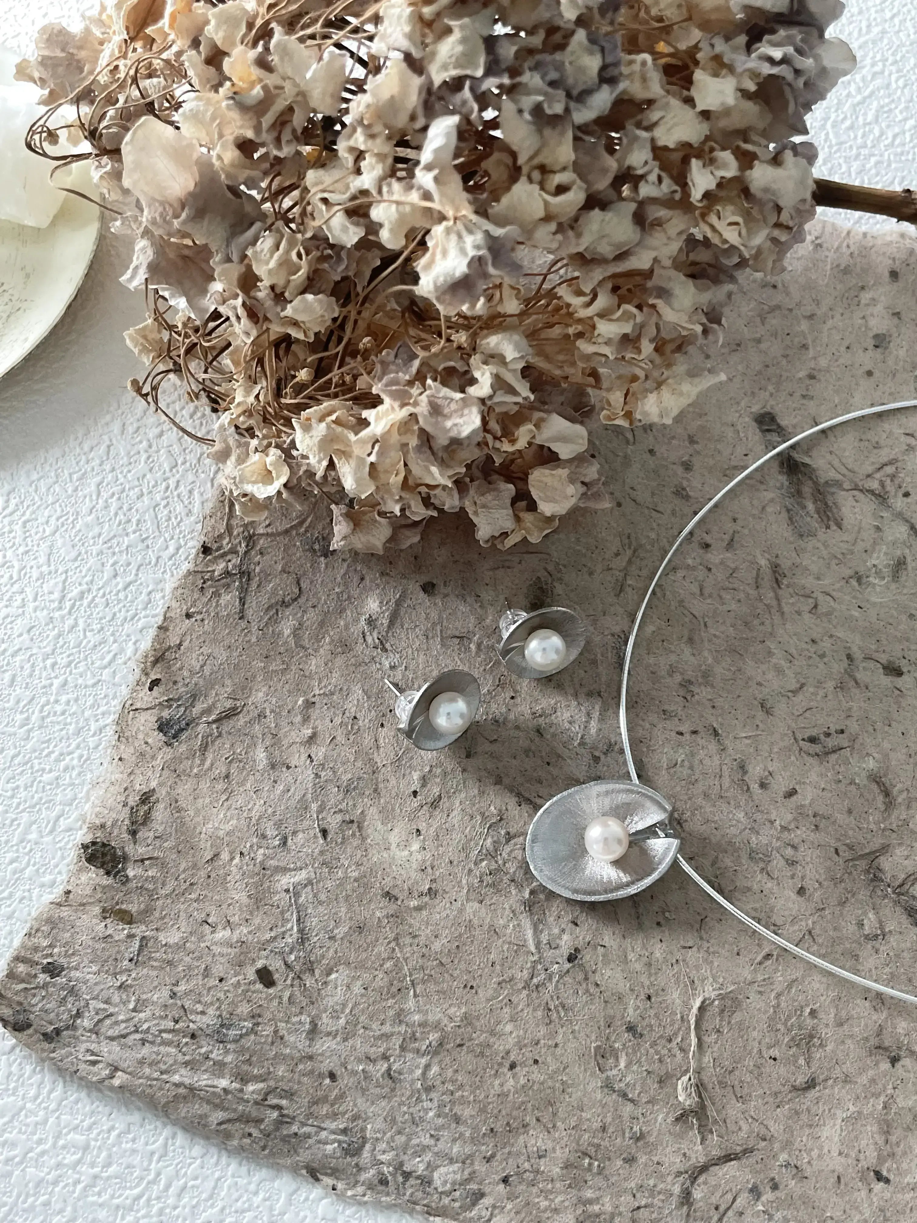 Silver Lotus Leaf Pearl Stud Earrings