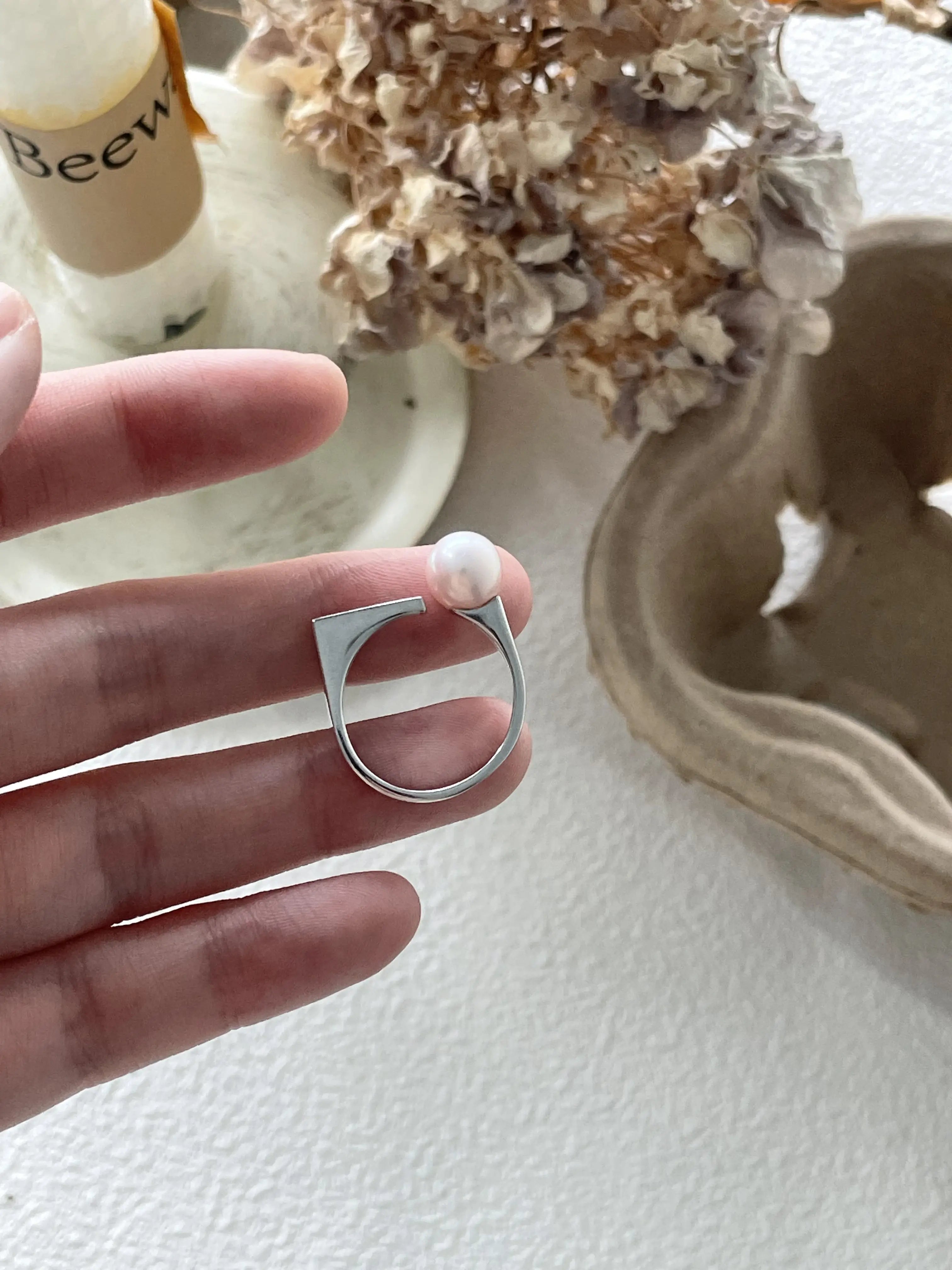 Geometric Square Sterling Silver Freshwater Pearl Ring