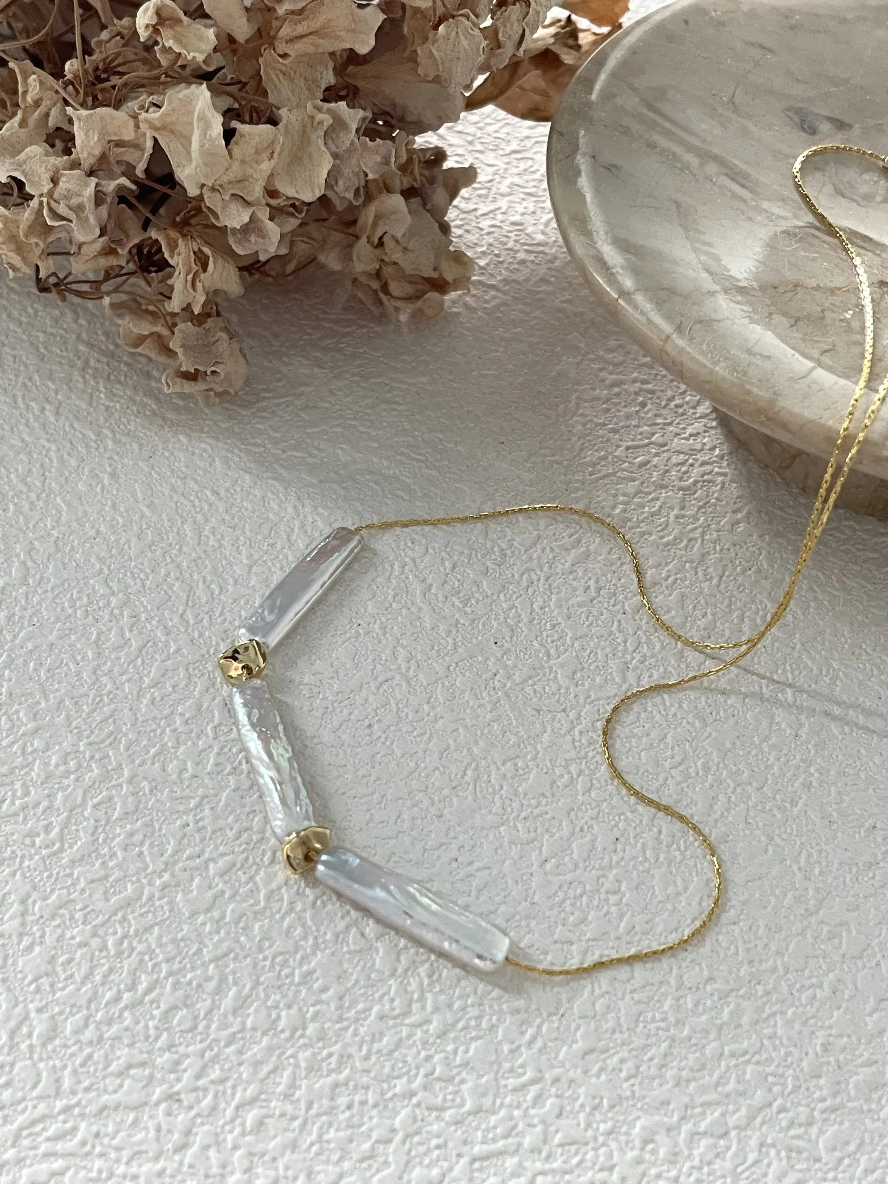 14K Gold Natural Elongated Baroque Pearl Necklace