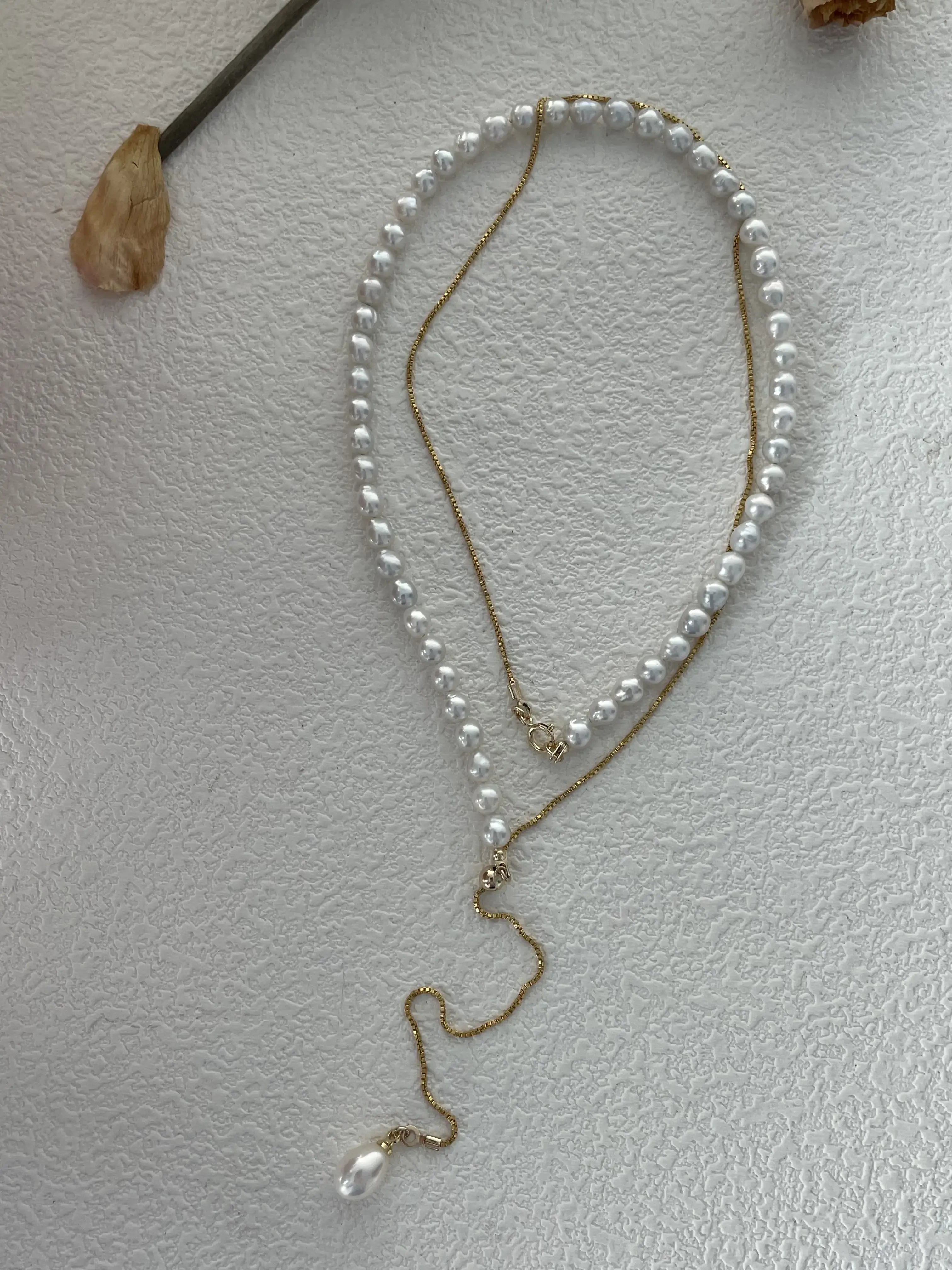 14K Gold Pearl Long Chain Necklace
