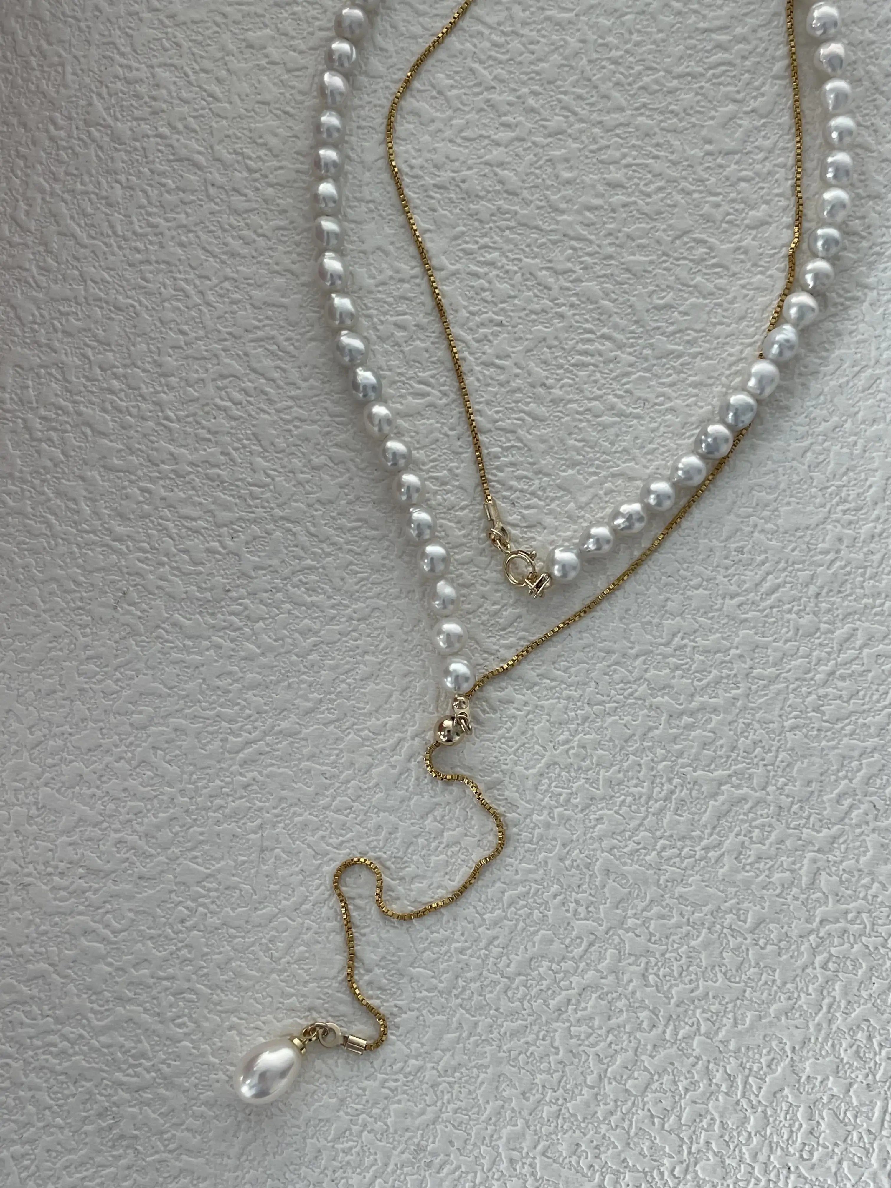14K Gold Pearl Long Chain Necklace