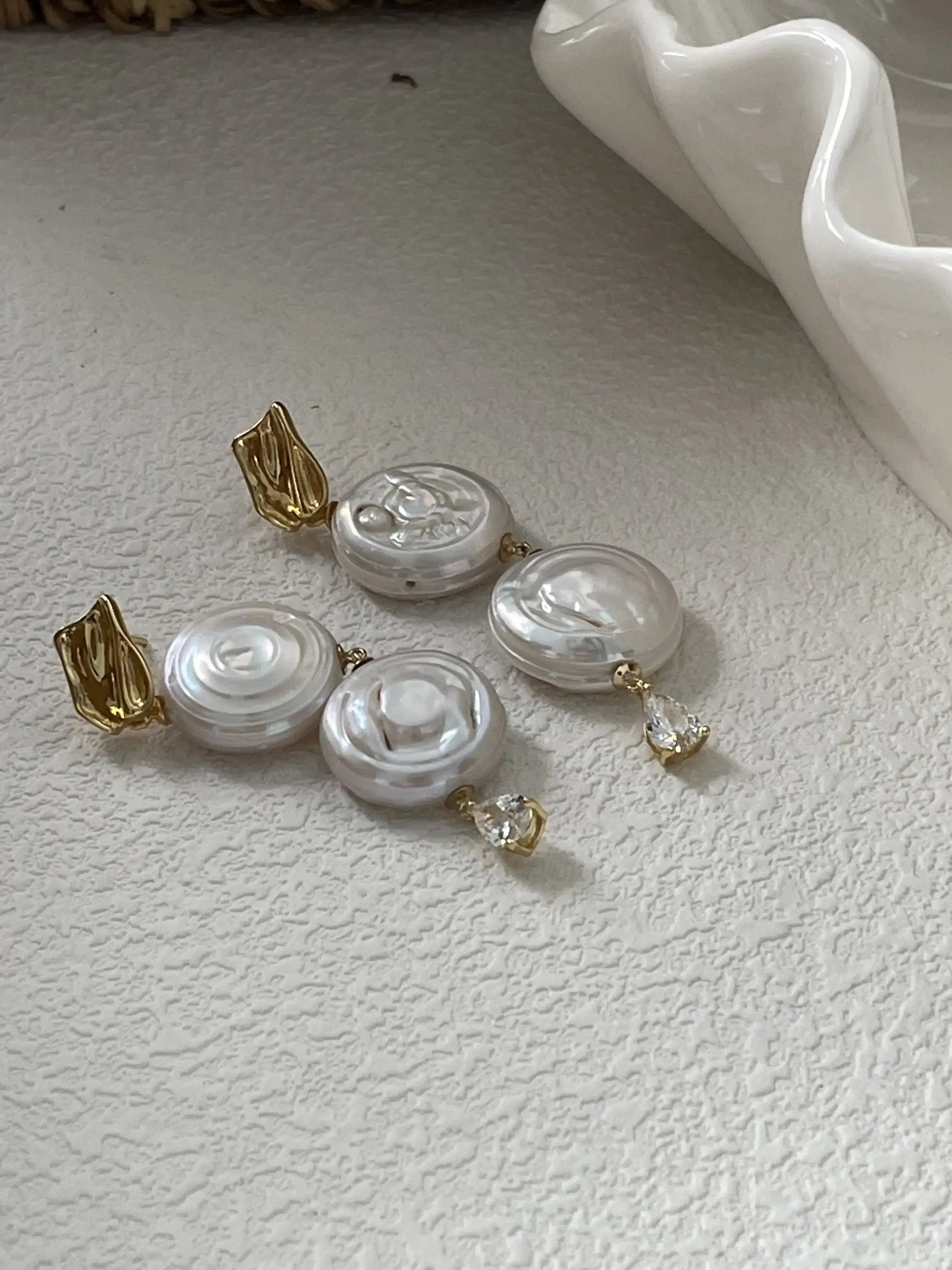 Selene’s Disc Earrings – 14K Gold Double Baroque Pearls