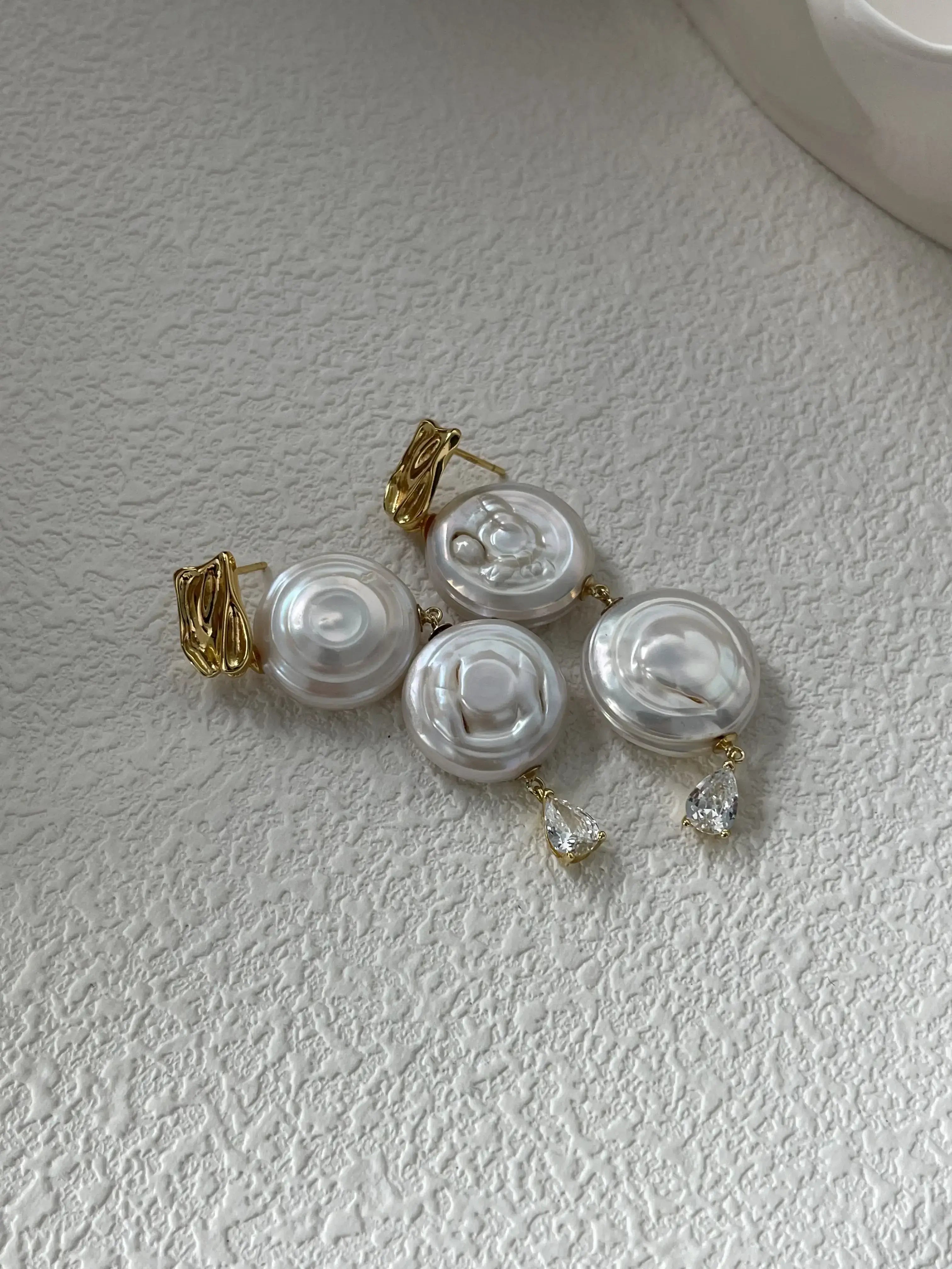 Selene’s Disc Earrings – 14K Gold Double Baroque Pearls