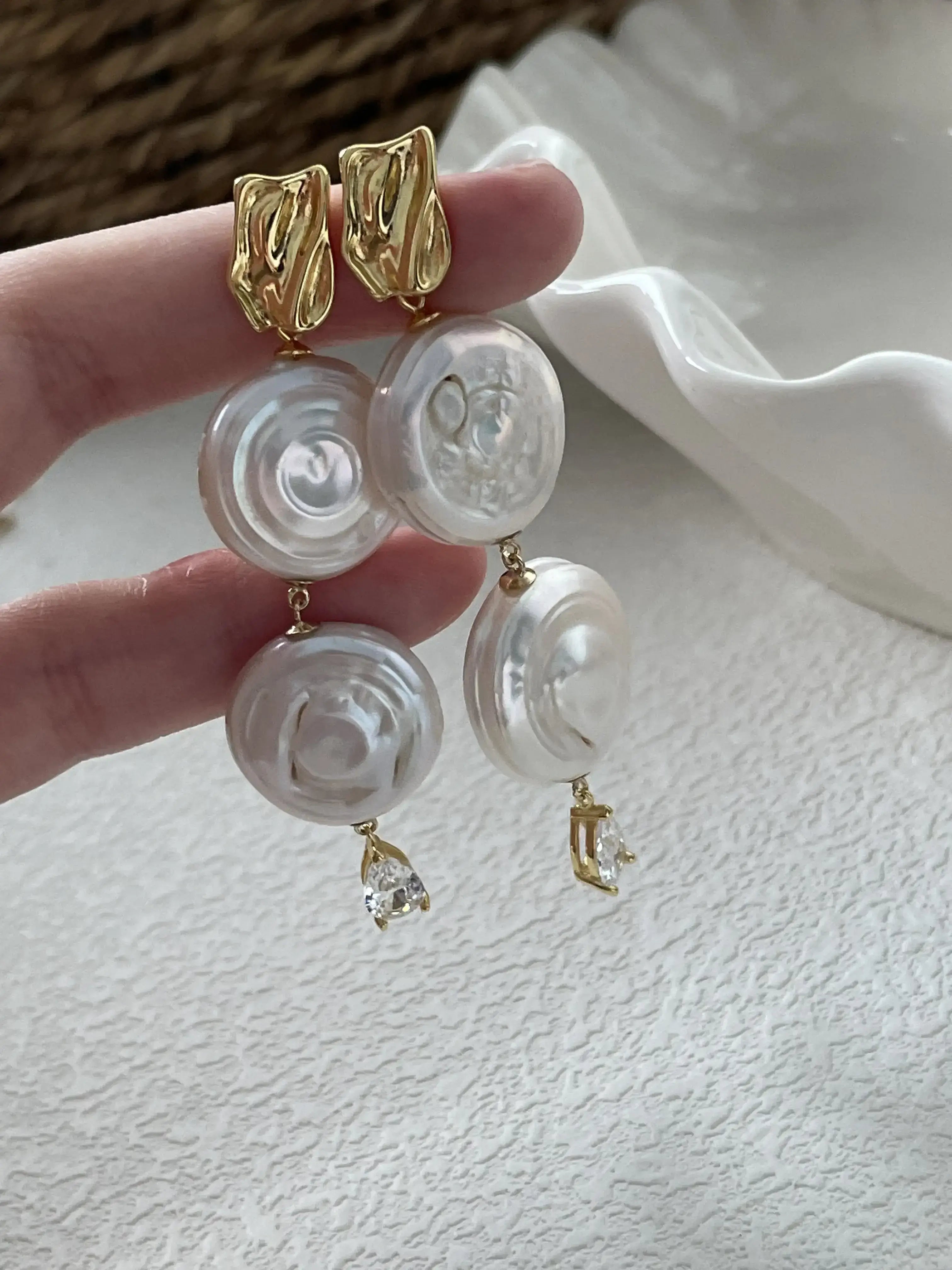 Selene’s Disc Earrings – 14K Gold Double Baroque Pearls