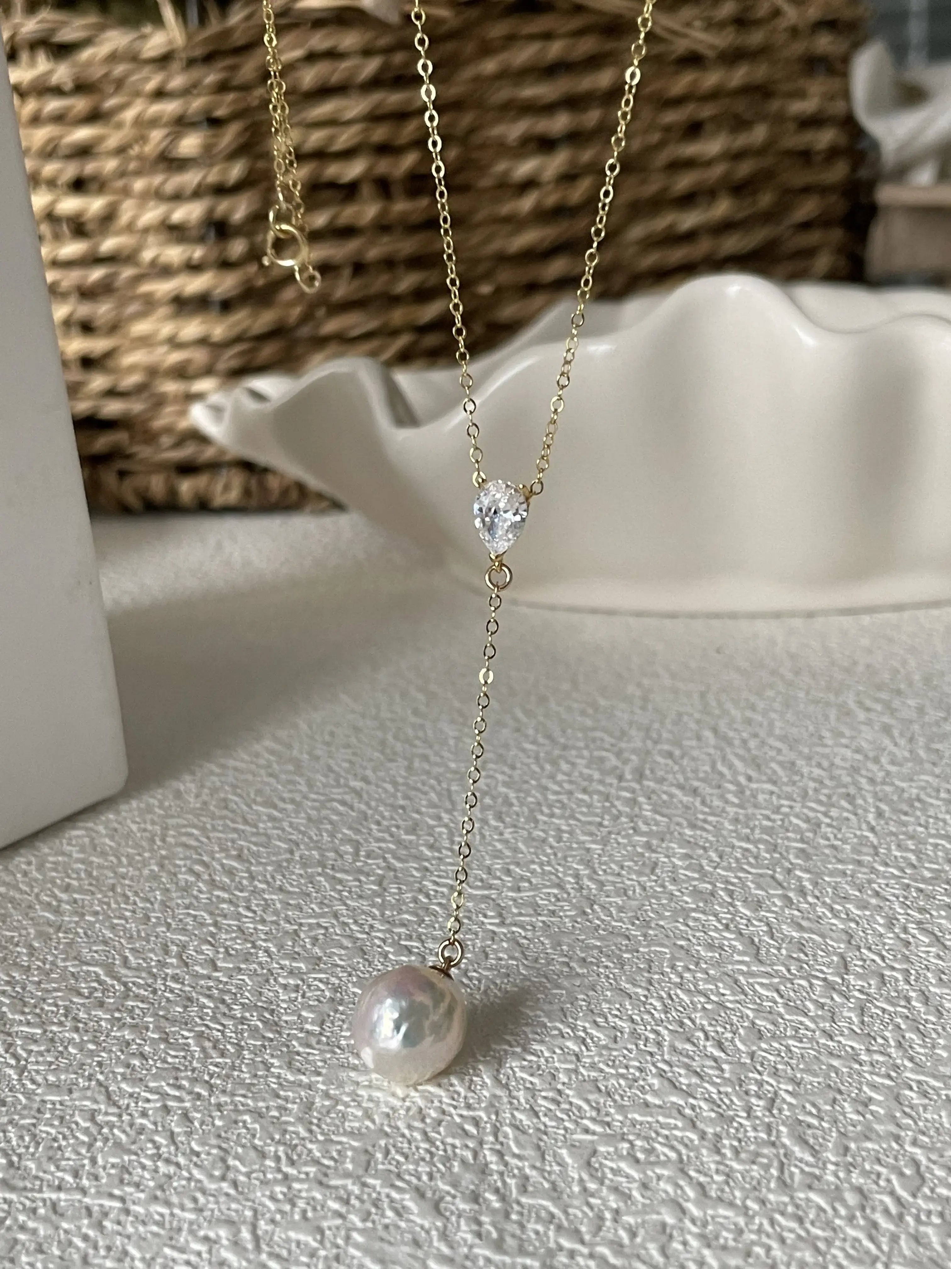 14K Gold Baroque Pearl Pendant Long Necklace