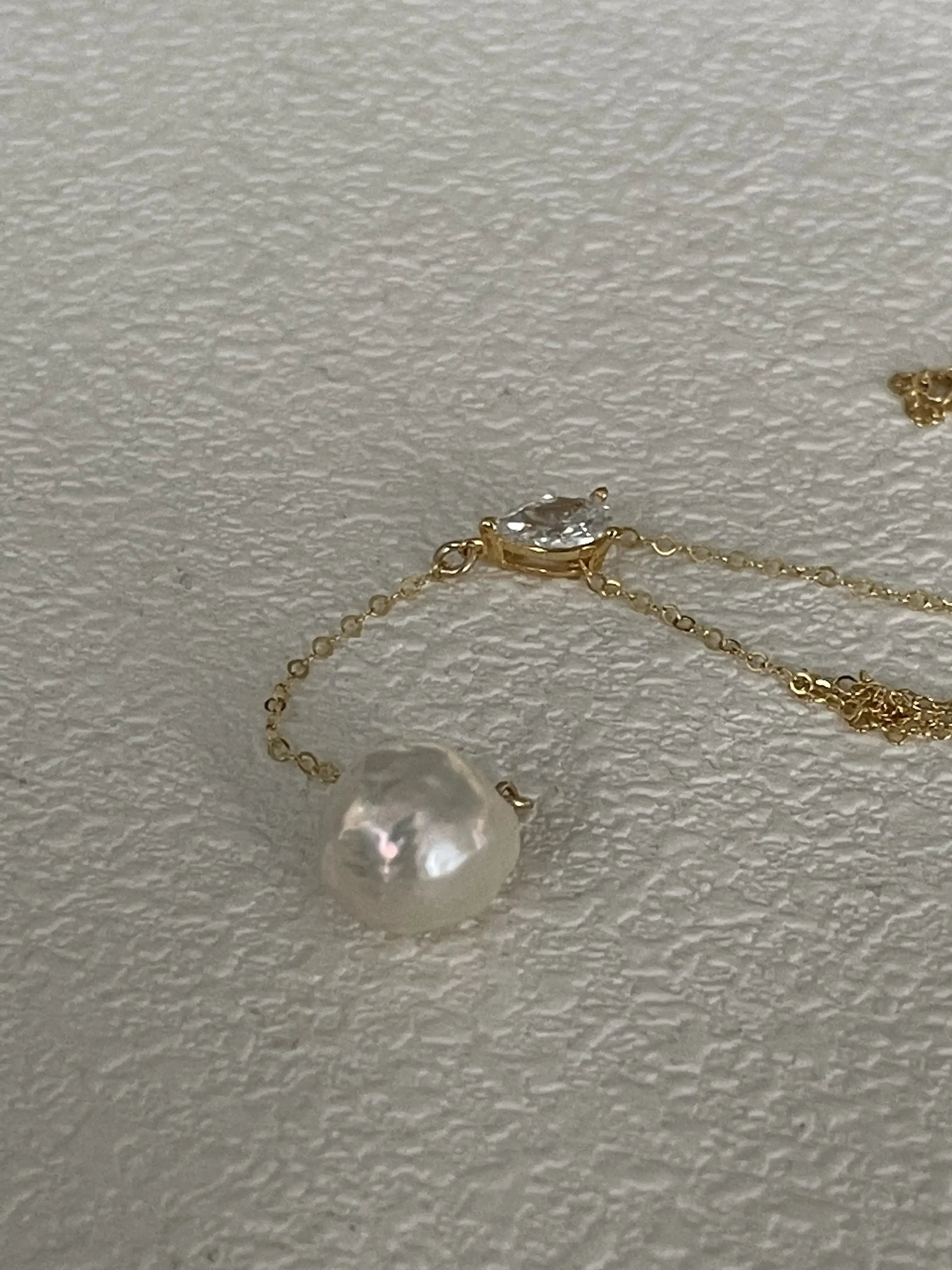 14K Gold Baroque Pearl Pendant Long Necklace