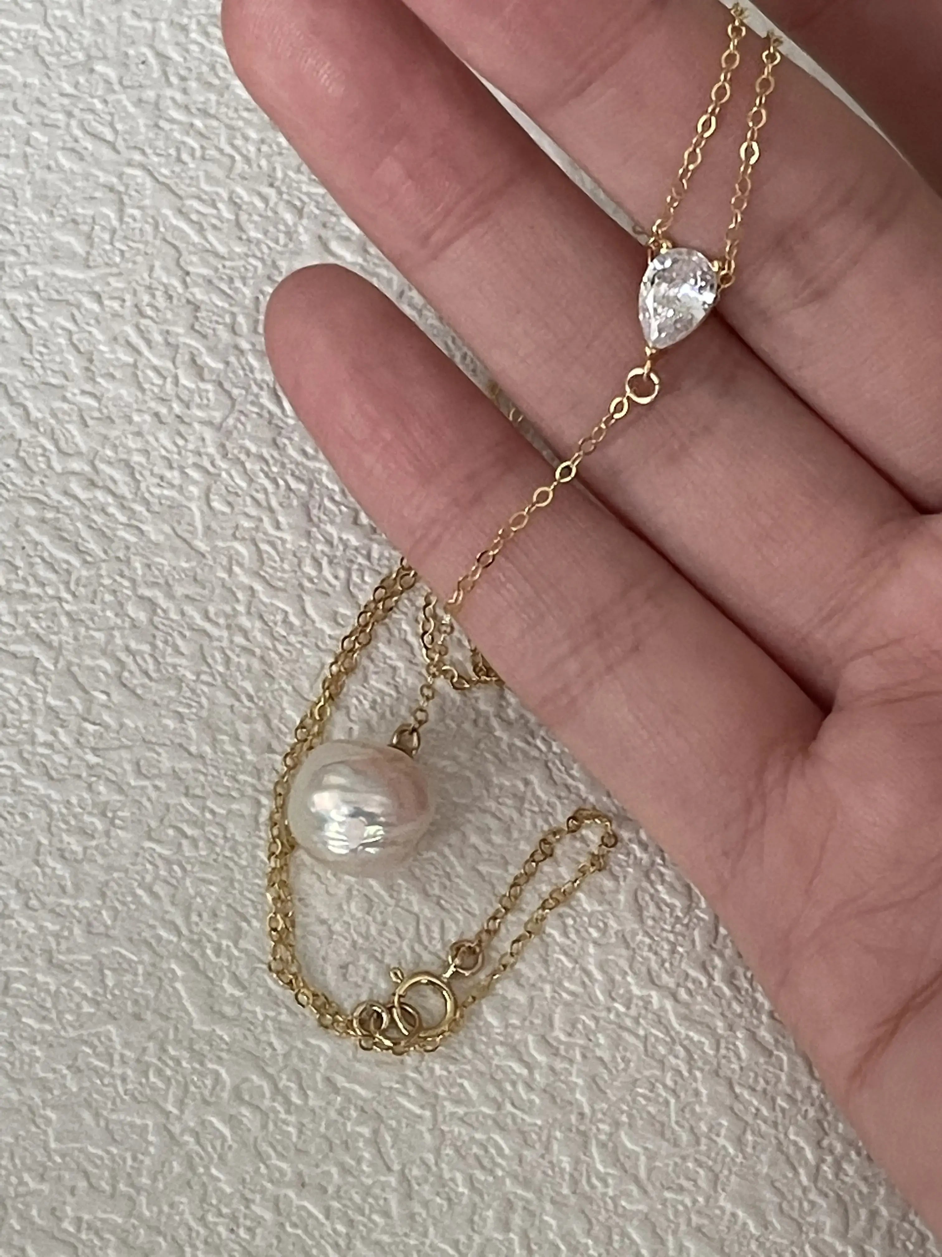 14K Gold Baroque Pearl Pendant Long Necklace