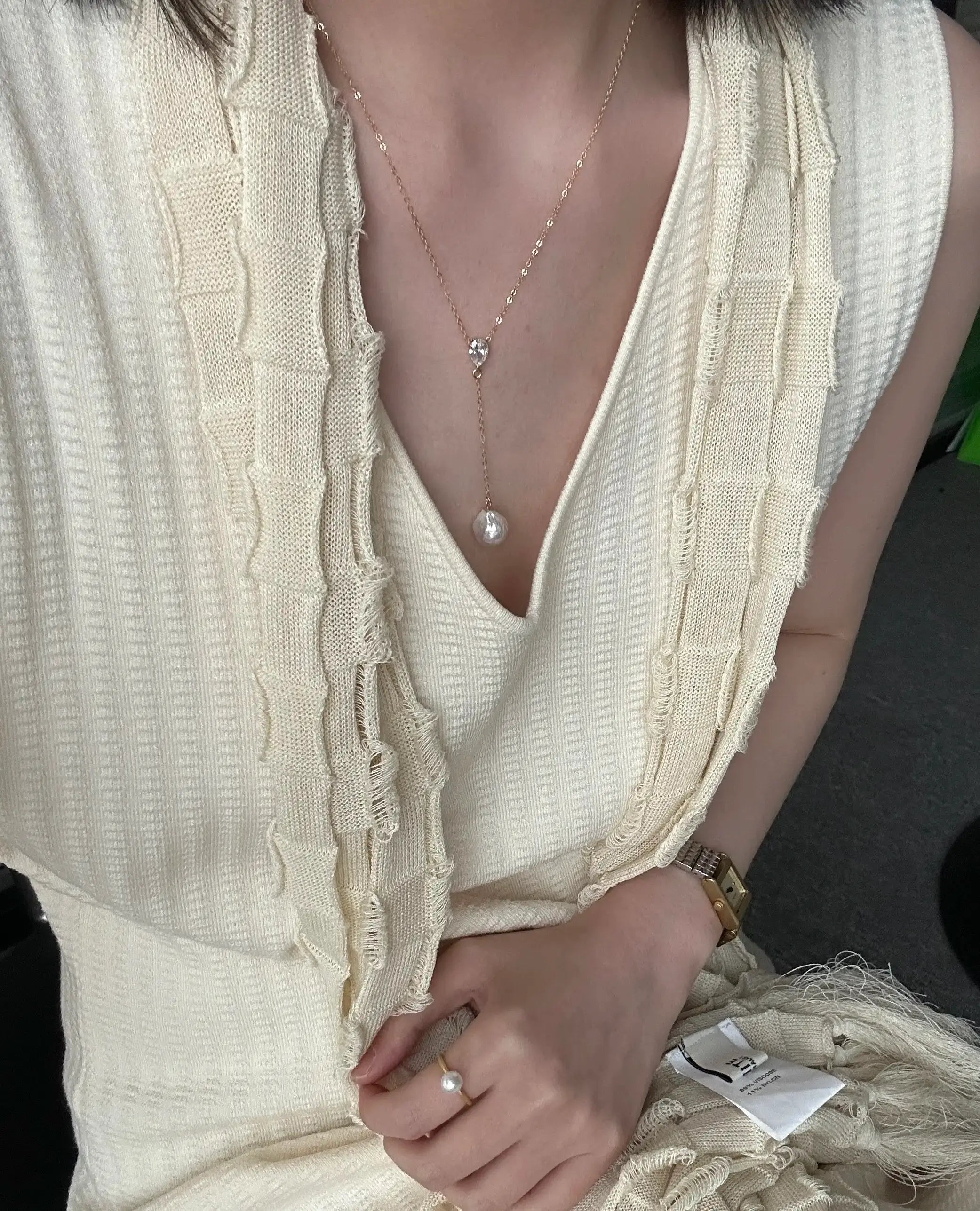 14K Gold Baroque Pearl Pendant Long Necklace