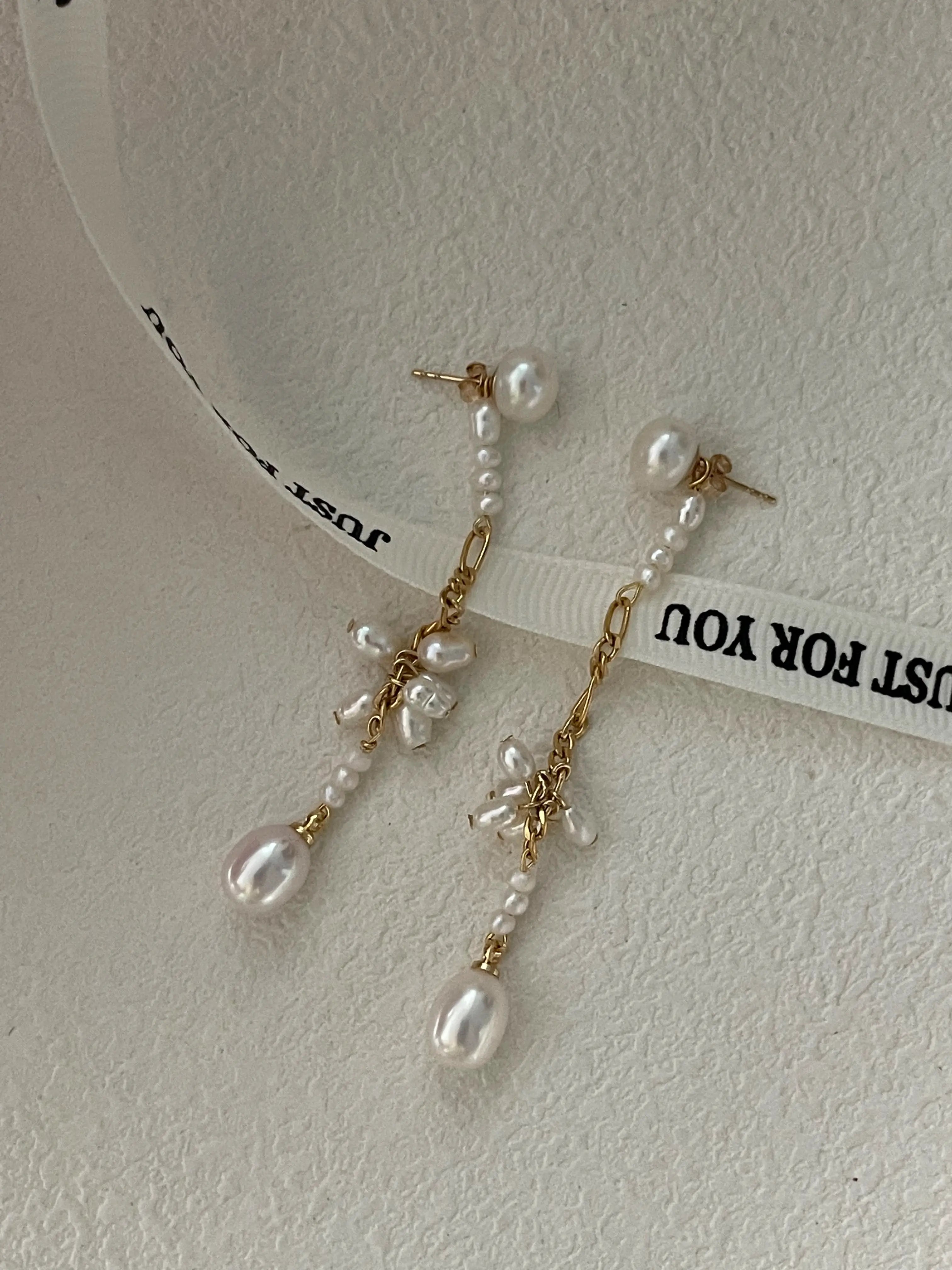 14K Gold Elegant Pearl Long Chain Drop Earrings