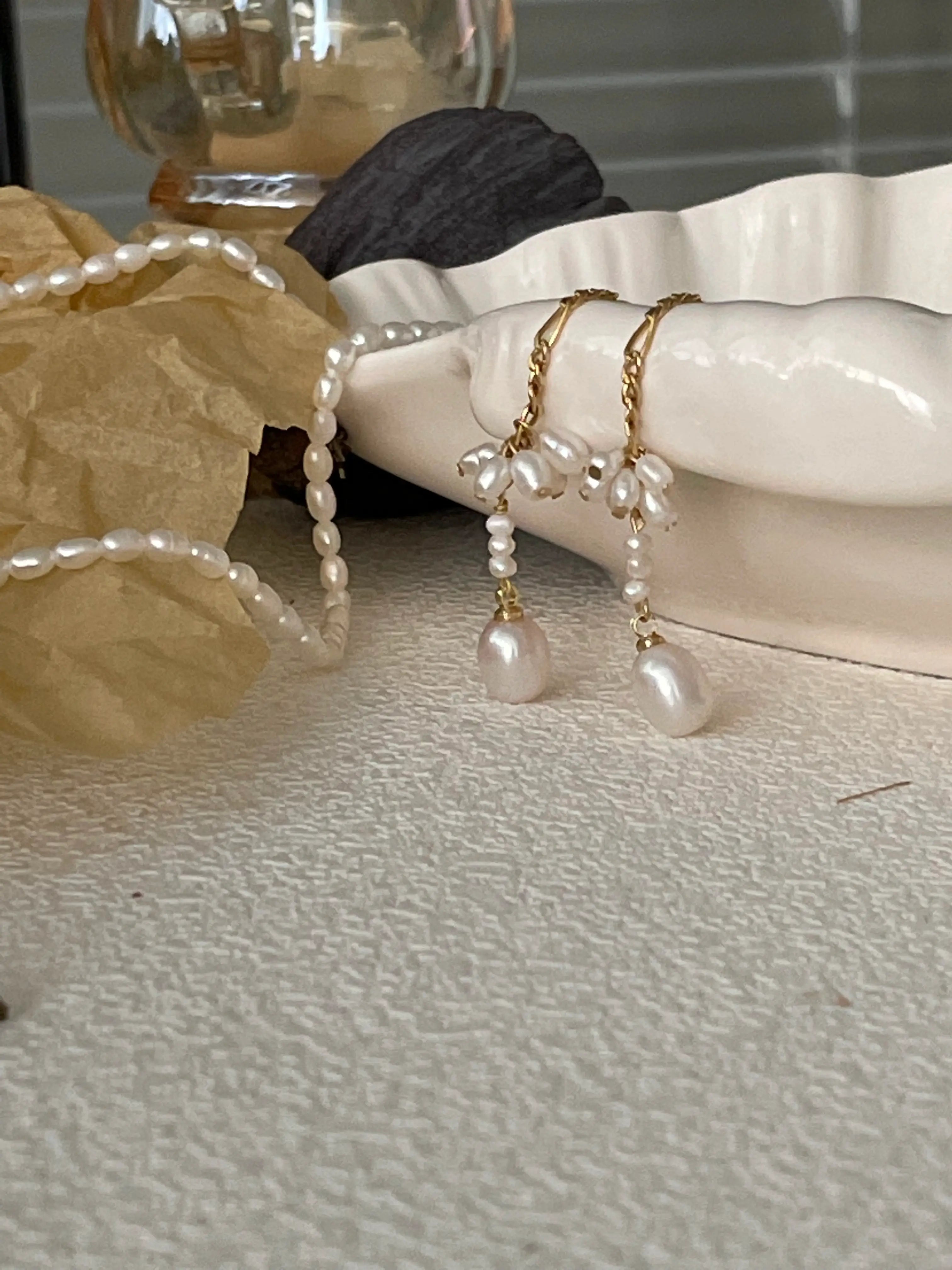 14K Gold Elegant Pearl Long Chain Drop Earrings