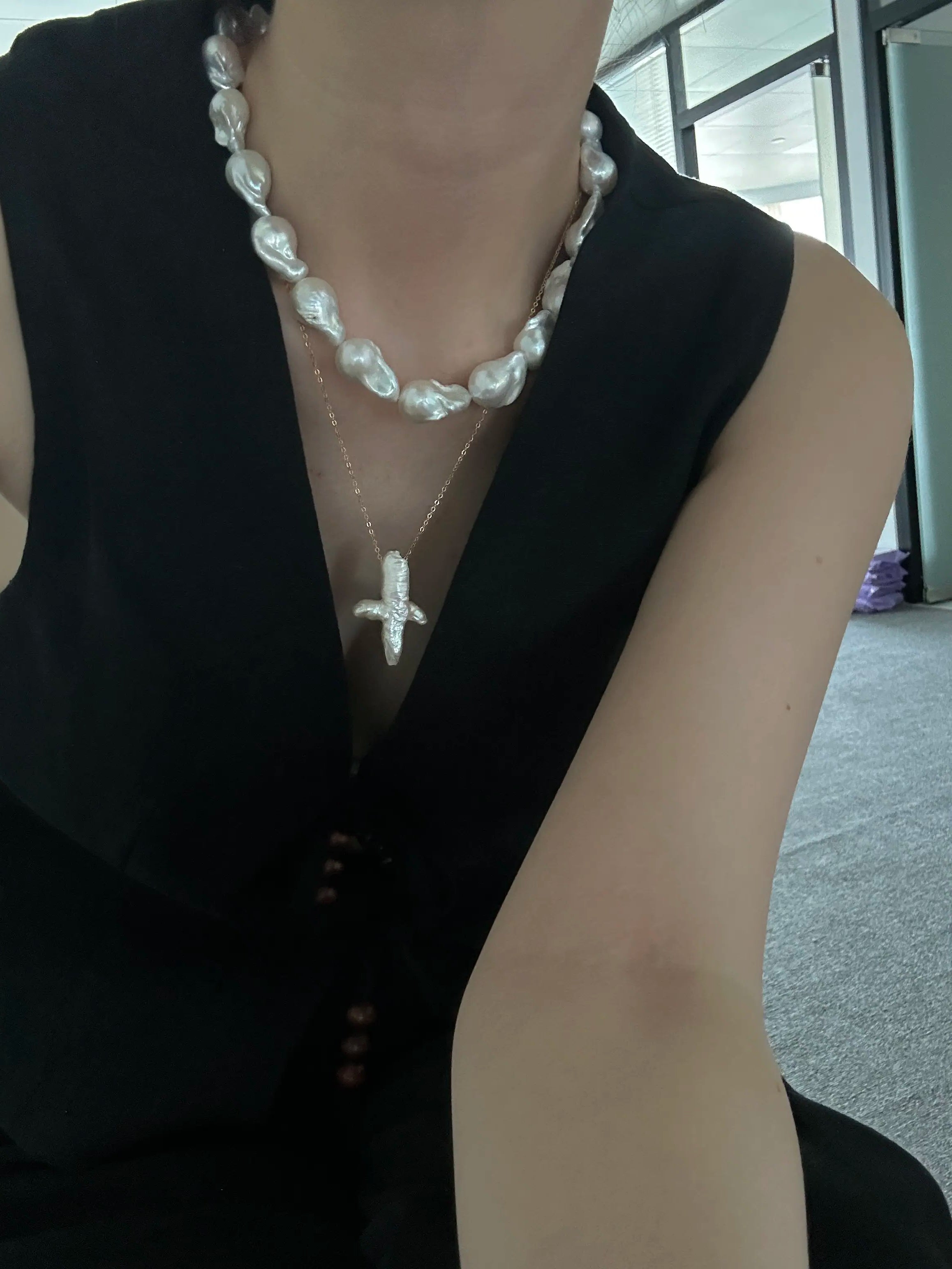 14K Gold Cross Baroque Pearl Pendant Necklace