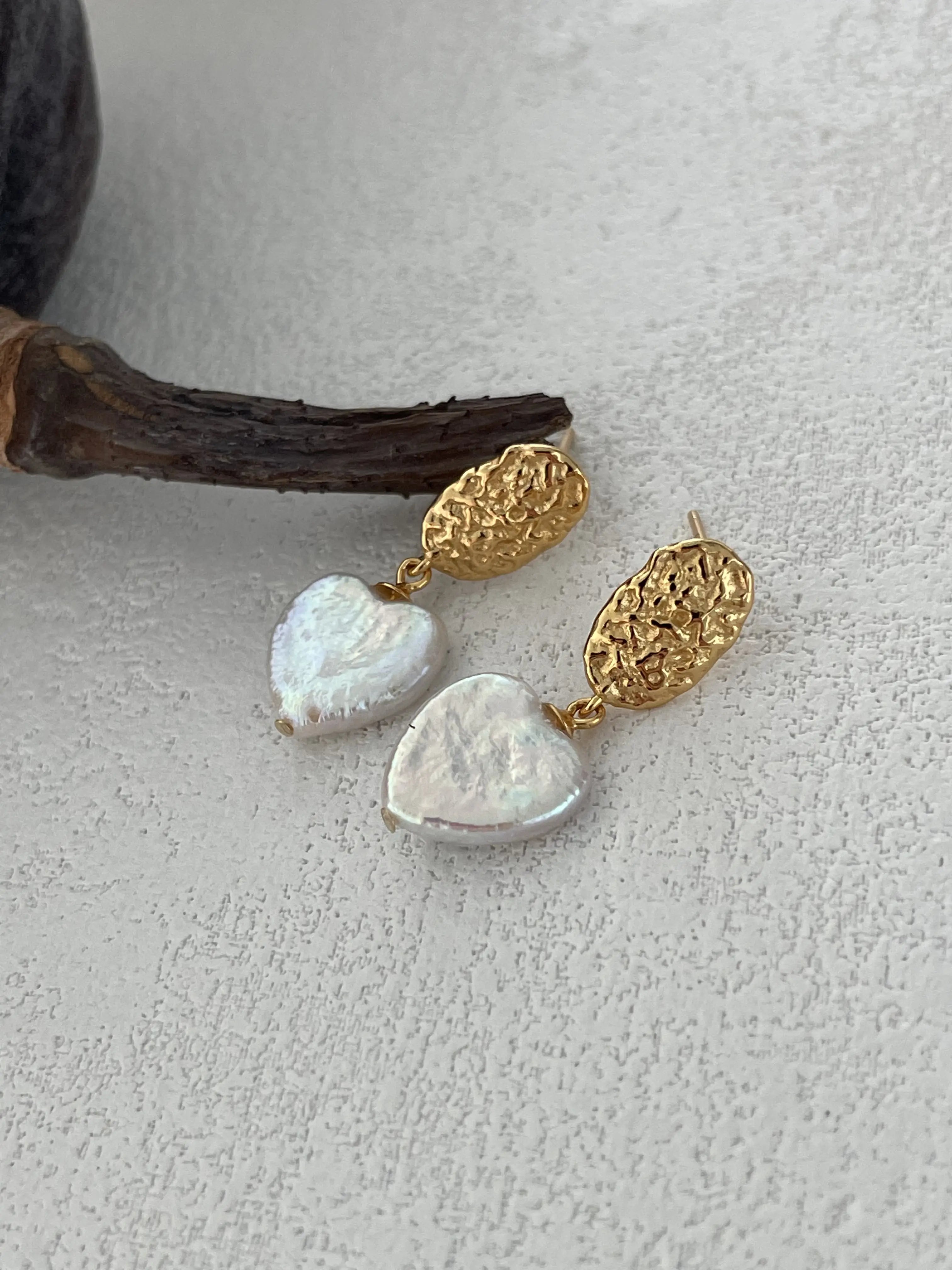 18K Gold Heart-Shaped Baroque Pearl Drop Earrings