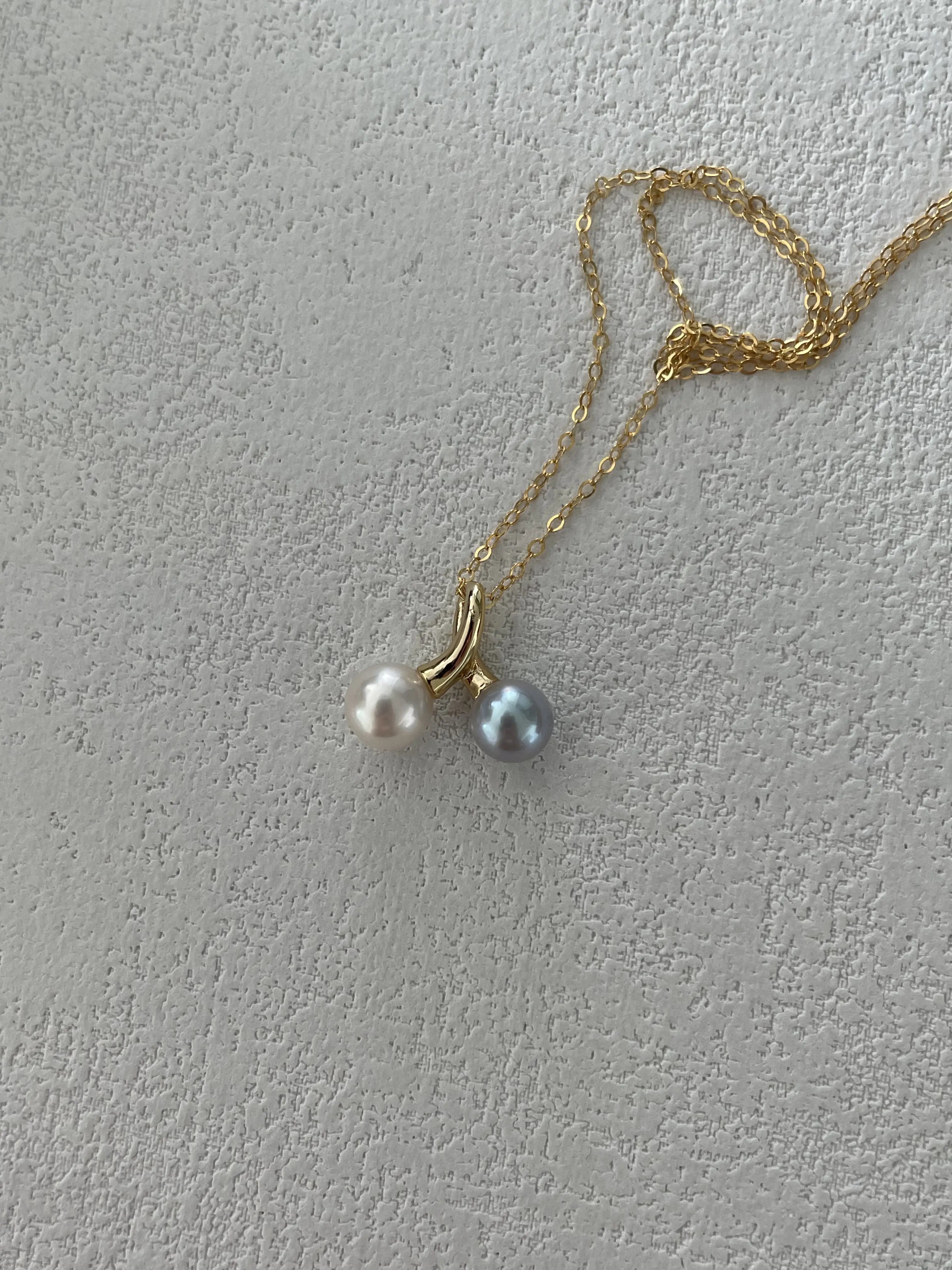 14K Gold Cherry Freshwater and Akoya Pearl Pendant Necklace