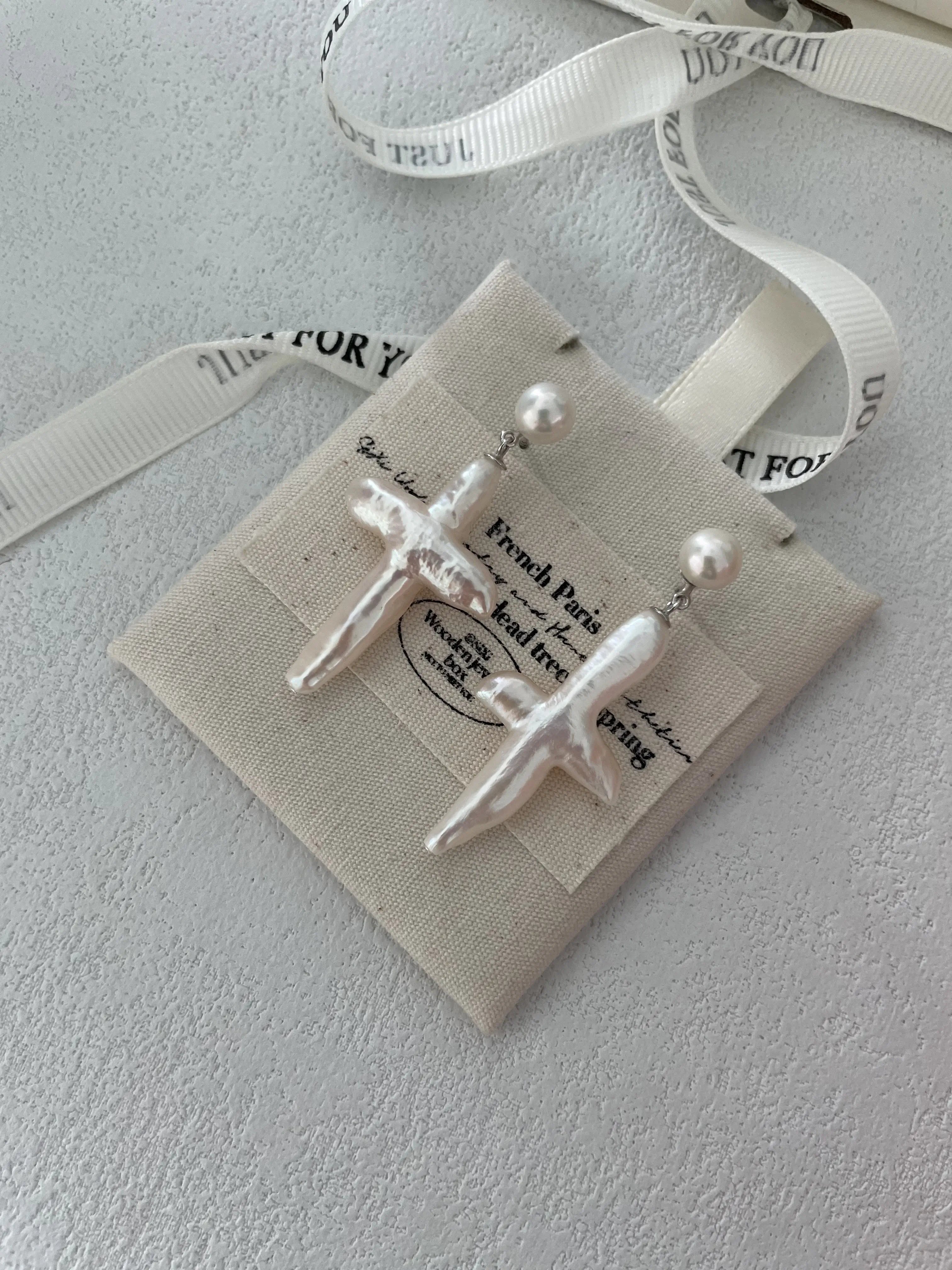 Cross Baroque Pearl Drop Earrings