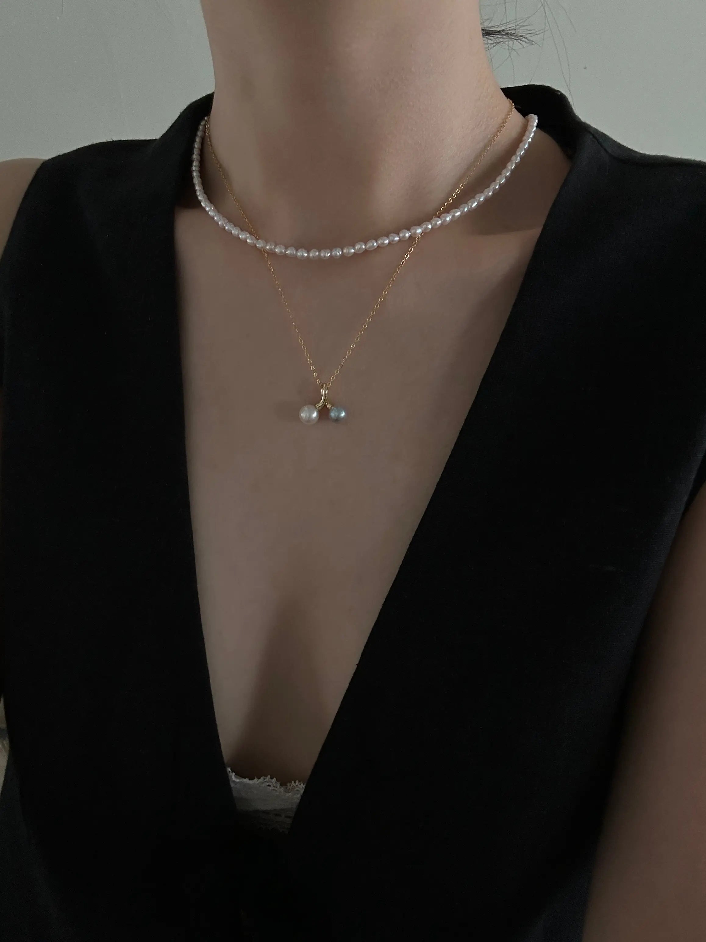 14K Gold Cherry Freshwater and Akoya Pearl Pendant Necklace