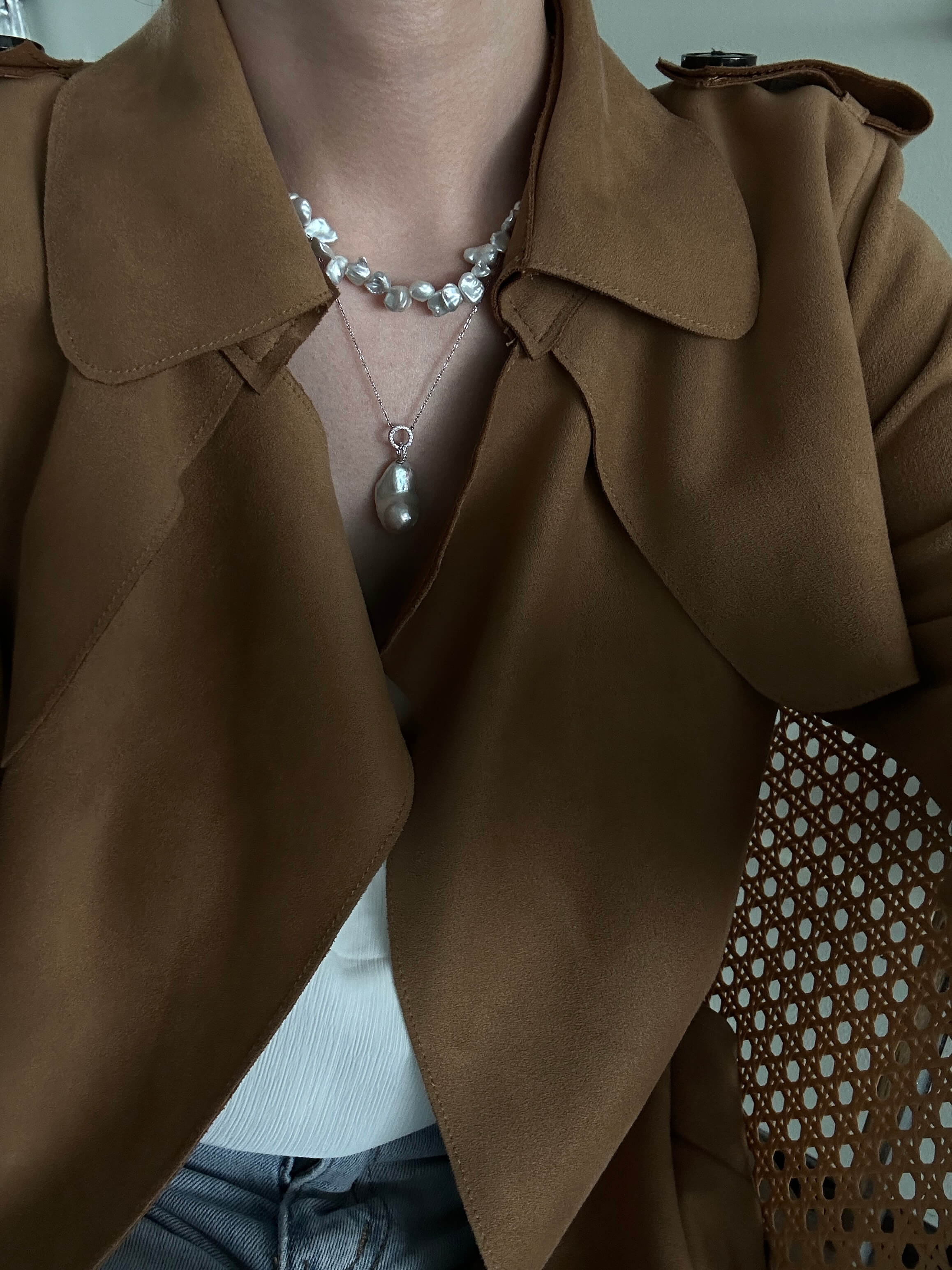 Double-Ring Baroque Pearl Pendant on Silver Chain