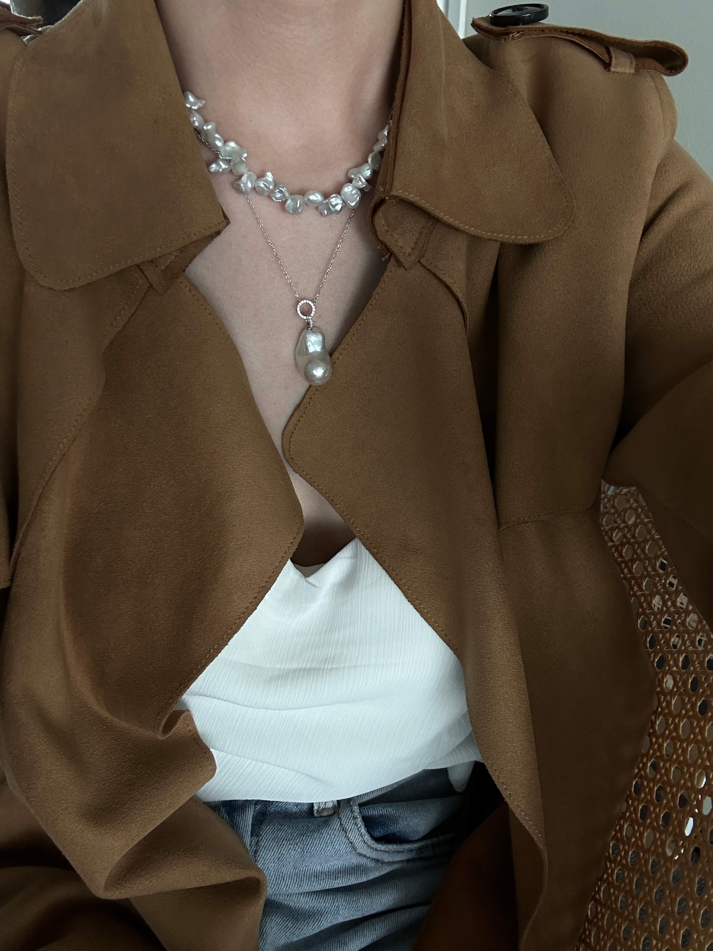 Double-Ring Baroque Pearl Pendant on Silver Chain