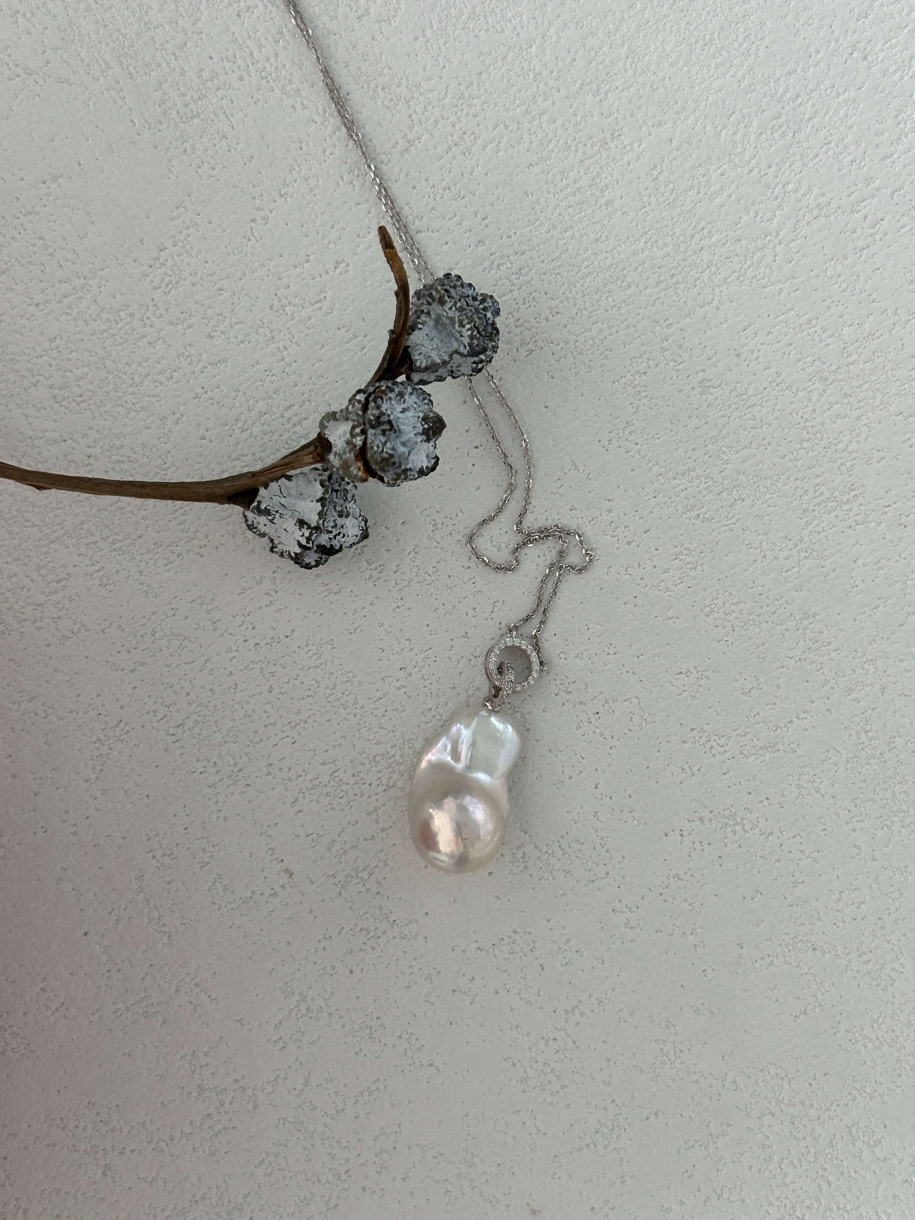 Double-Ring Baroque Pearl Pendant on Silver Chain