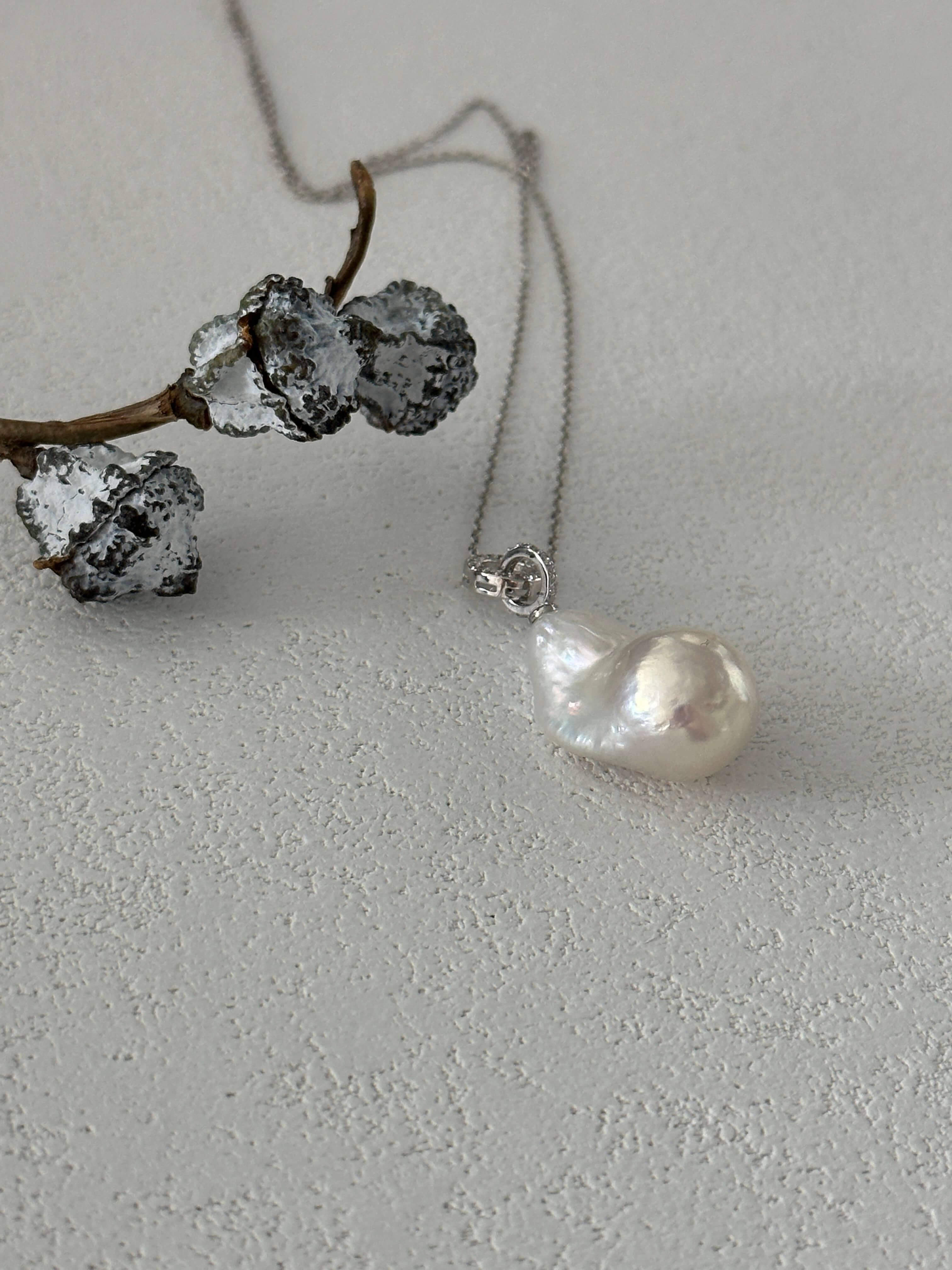 Double-Ring Baroque Pearl Pendant on Silver Chain