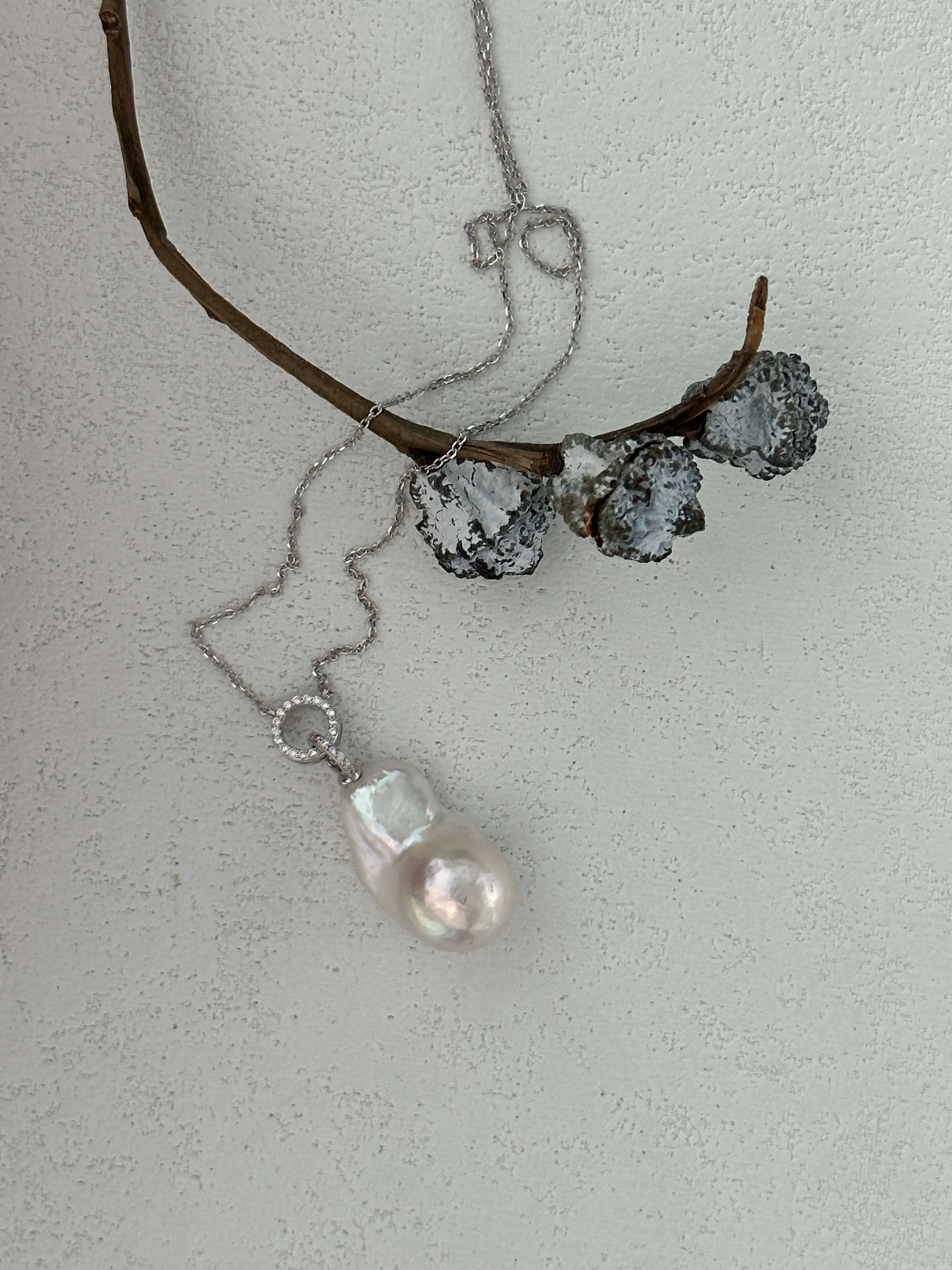 Double-Ring Baroque Pearl Pendant on Silver Chain