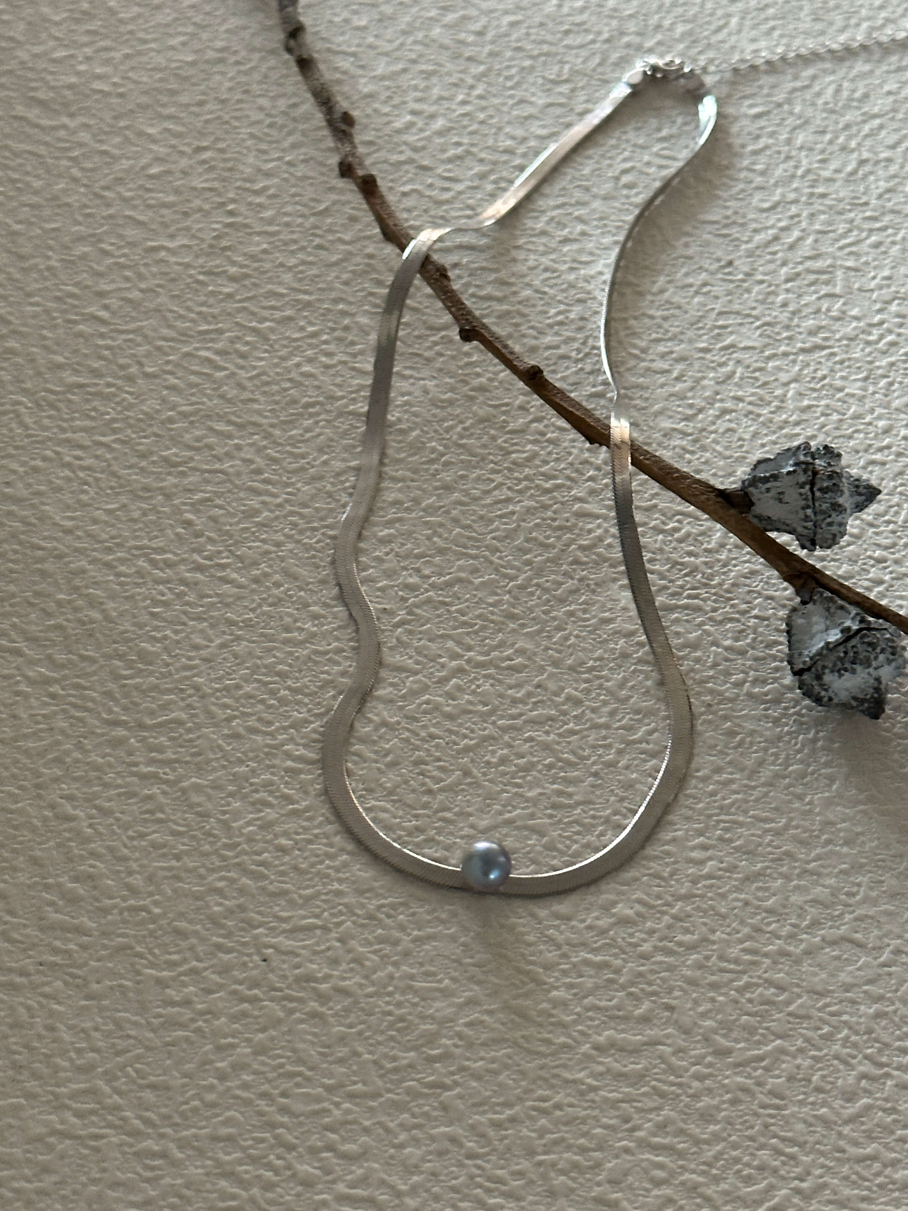 Platinum Snake Chain Necklace with Center Akoya Pearl