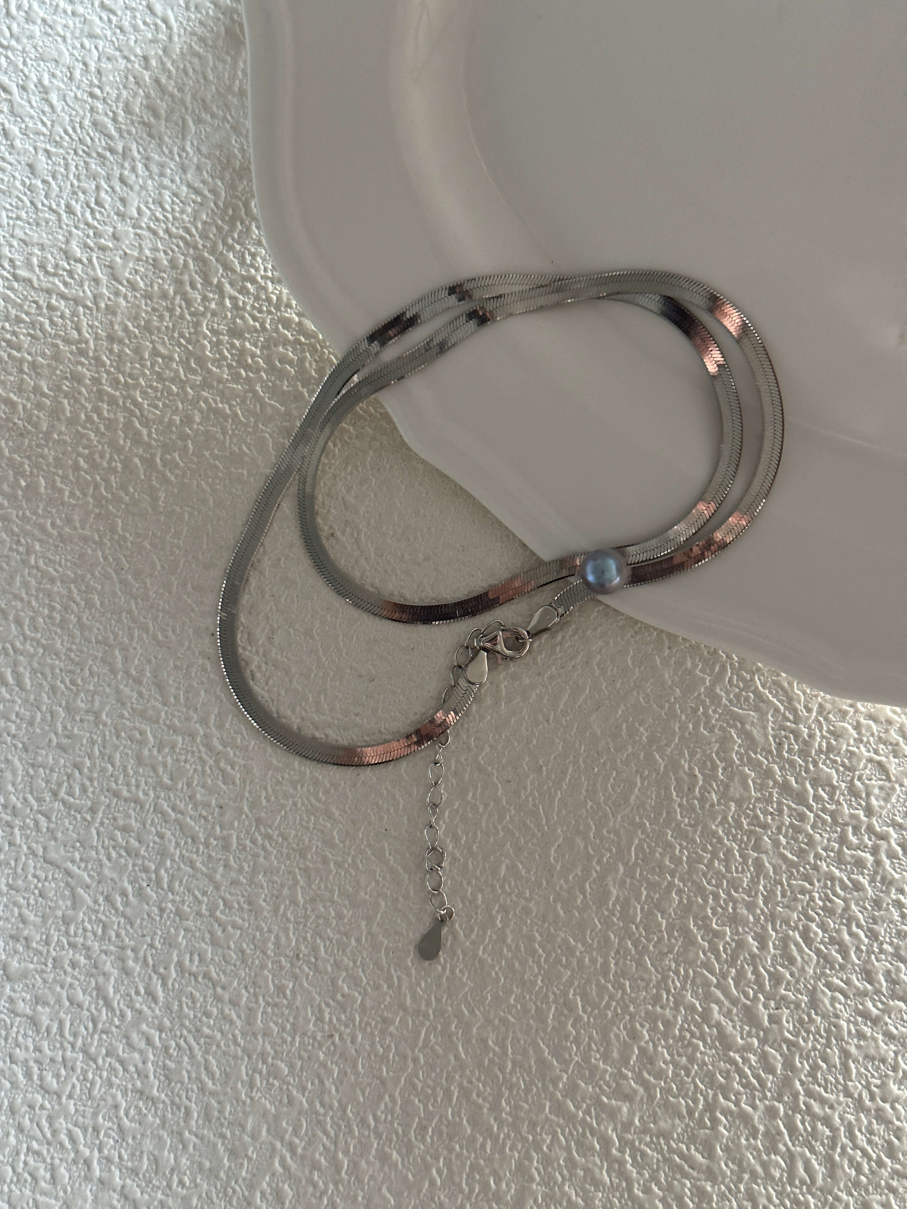 Platinum Snake Chain Necklace with Center Akoya Pearl