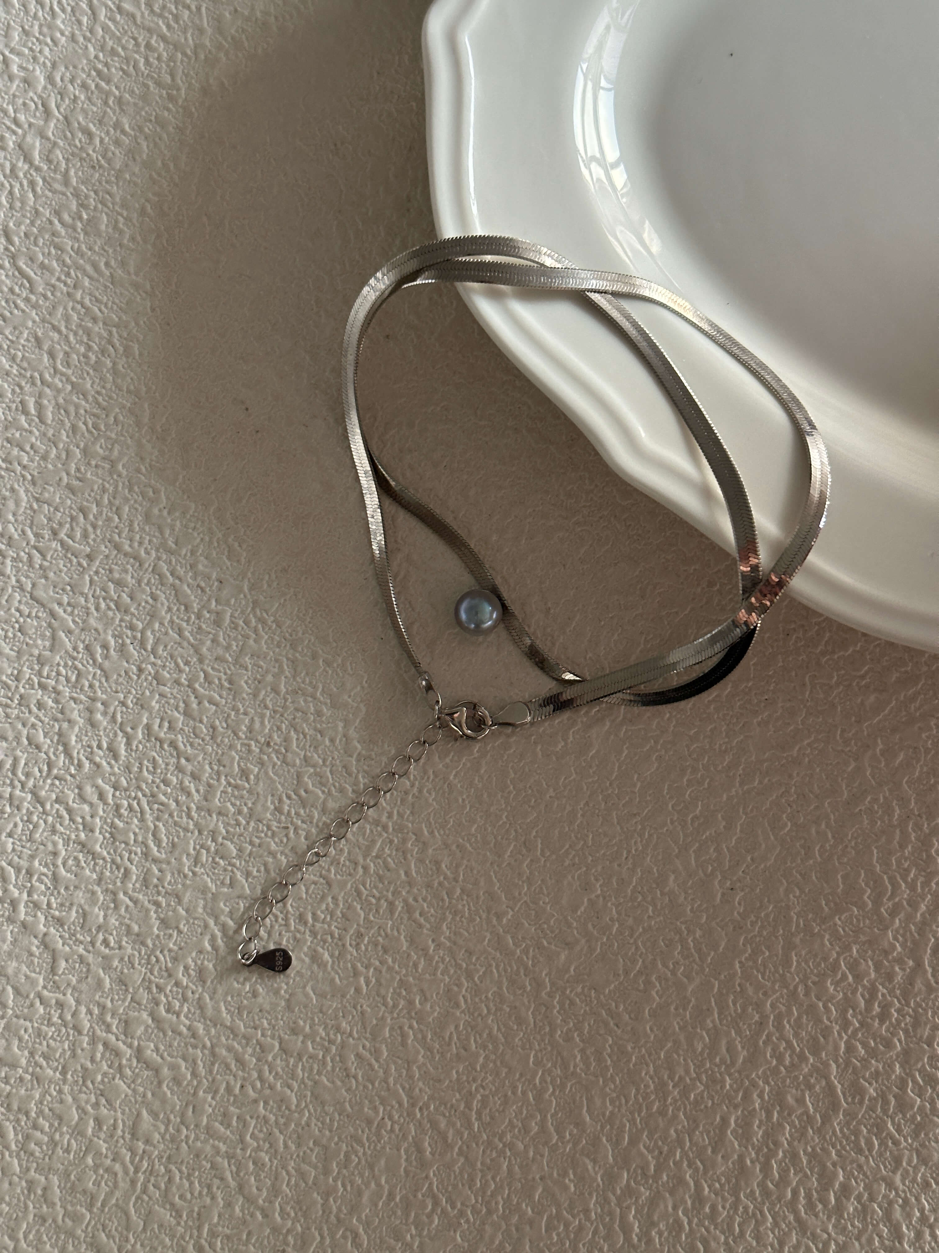 Platinum Snake Chain Necklace with Center Akoya Pearl