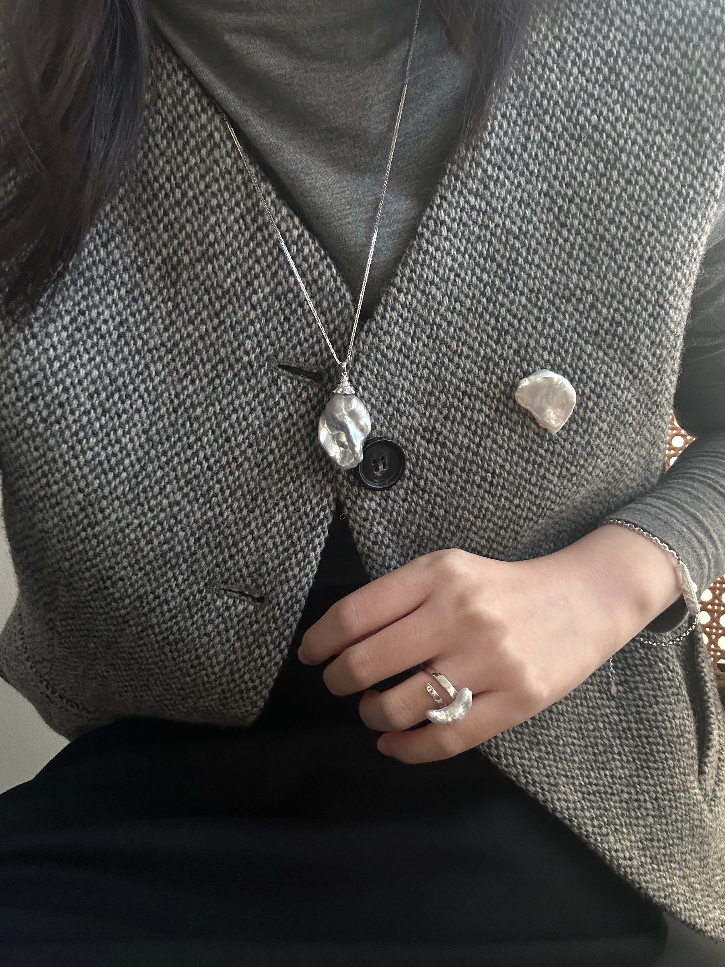 Crescent-Shaped Baroque Pearl Sterling Silver Ring