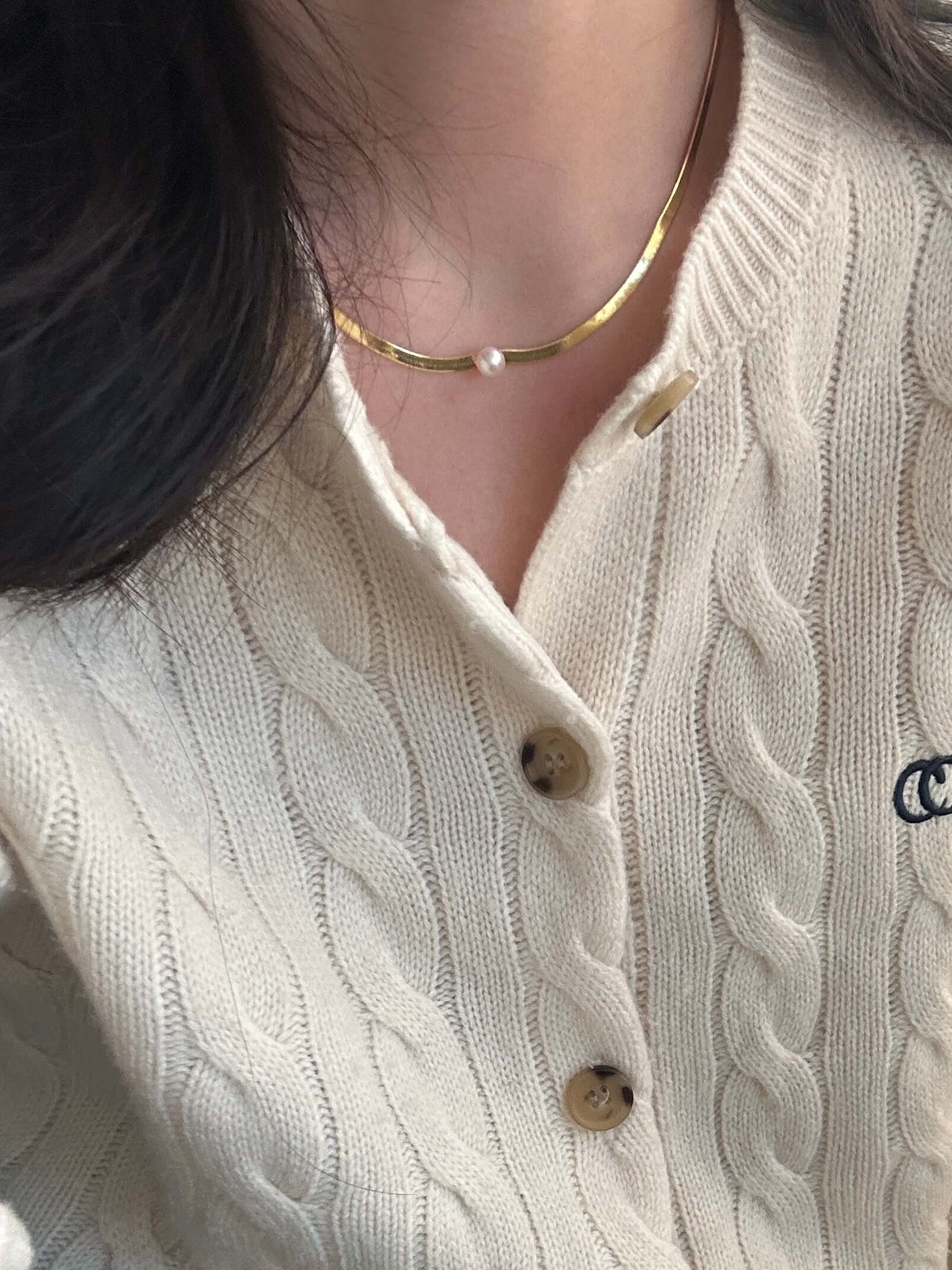 18K Gold Snake Chain Necklace with Center Freshwater Pearl