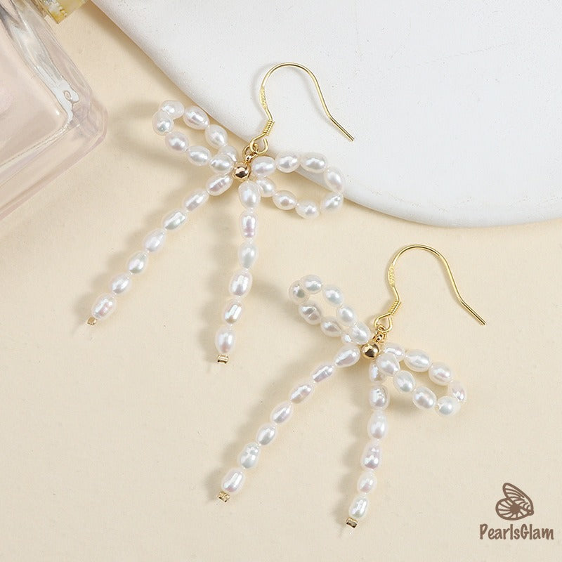 Sweet Bow – Pearl Ribbon Drop Earrings