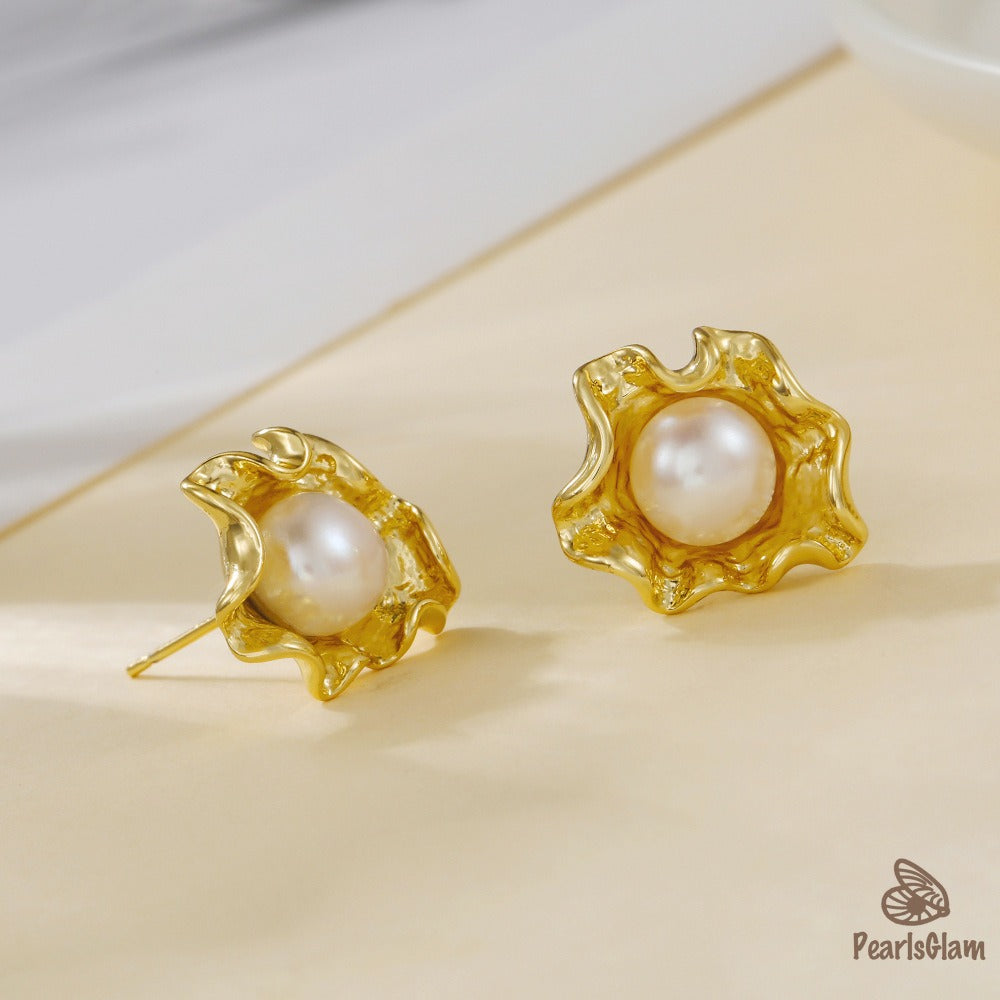 Bloomcore – Gold Petal Pearl Studs