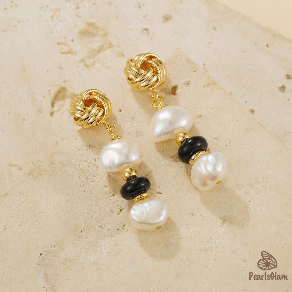 Luna Noir – Baroque Pearl & Black Onyx Knot Earrings