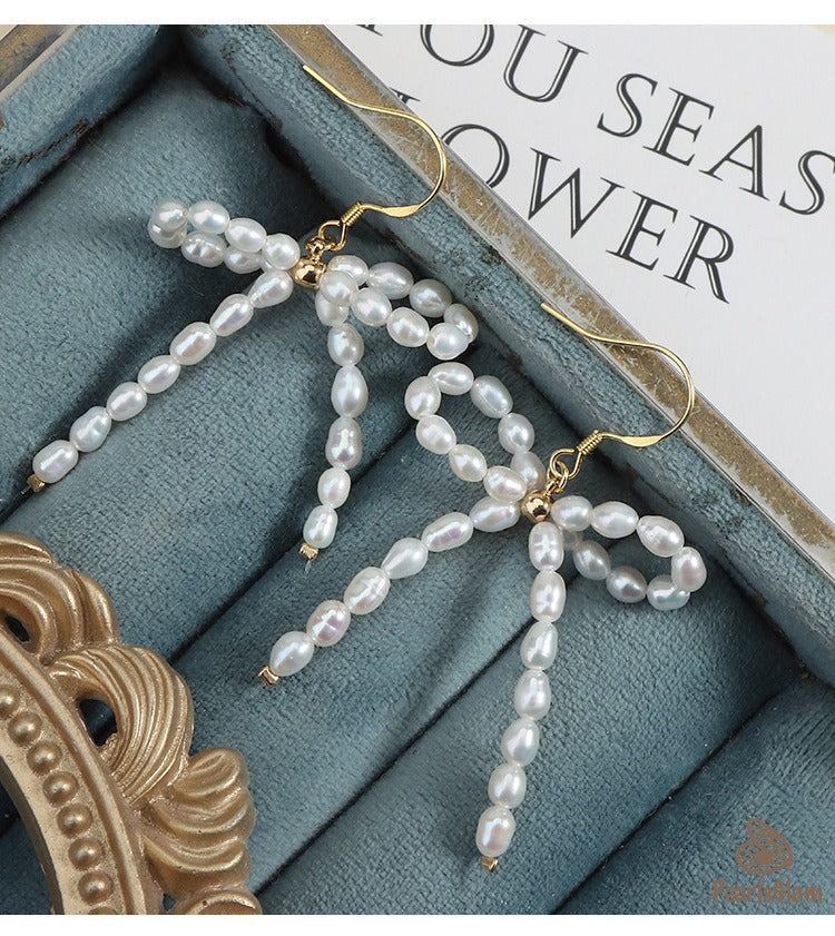 Sweet Bow – Pearl Ribbon Drop Earrings
