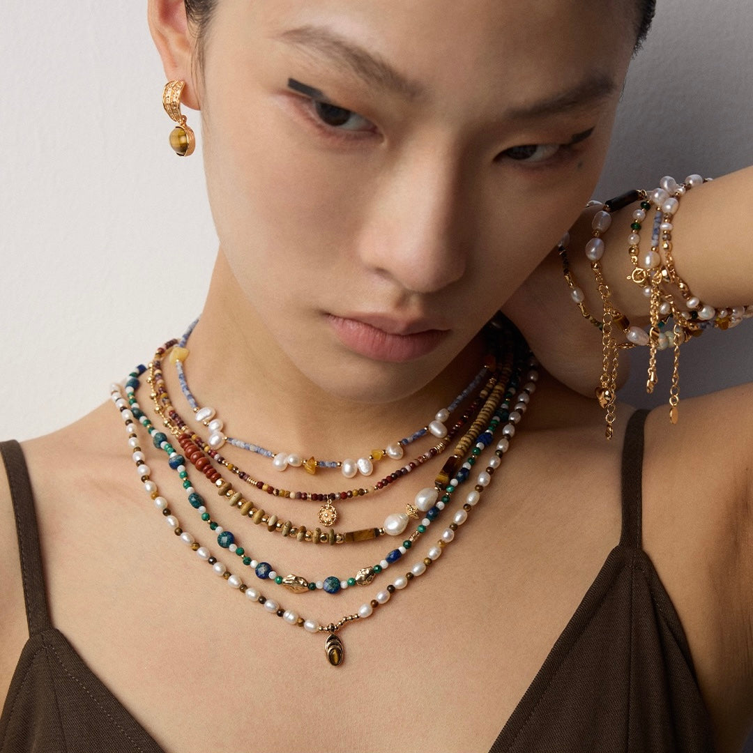 Golden Gaze – Tiger Eye & Pearl Pendant Necklace