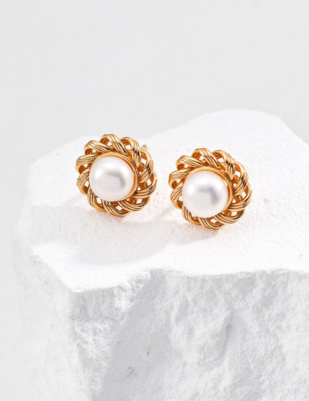Golden Twisted Pearl Stud Earrings