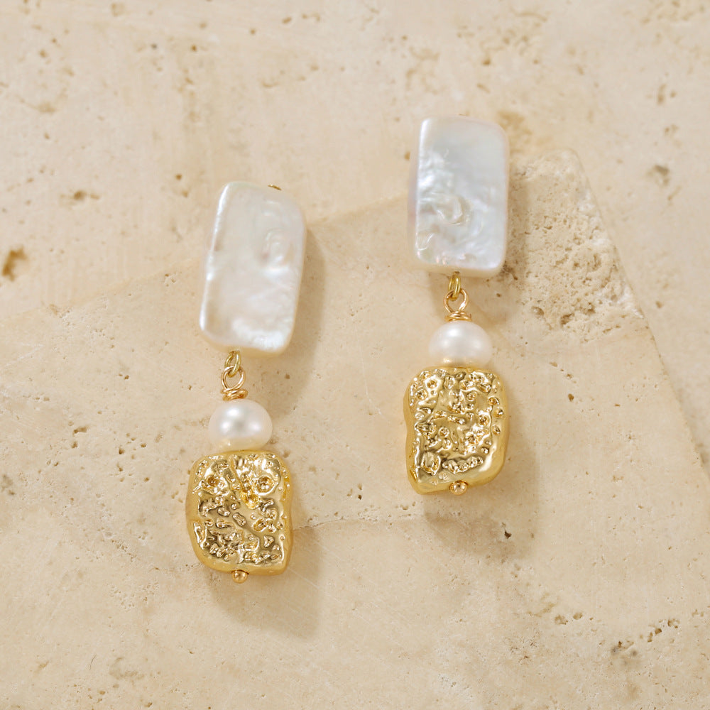 Square Baroque Pearl Gold Earrings